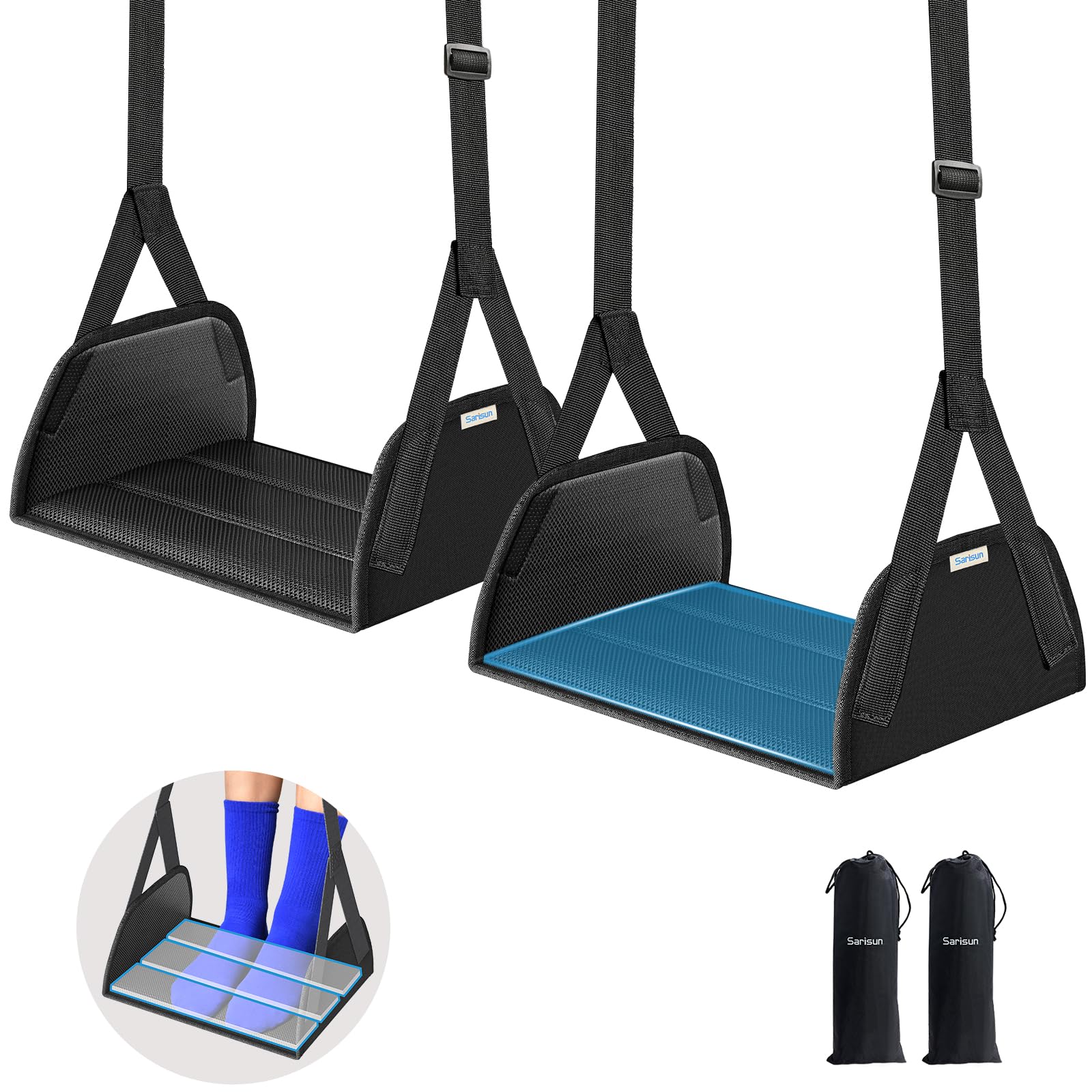 SARISUN 2-Pack Foot Hammock Airplane, No Collapse Foot Rest with Wide PE Board Support, Portable Plane Foot Hammock for Airplane, Under Desk with Adjustable Strap, Carry Bags for Women & Men