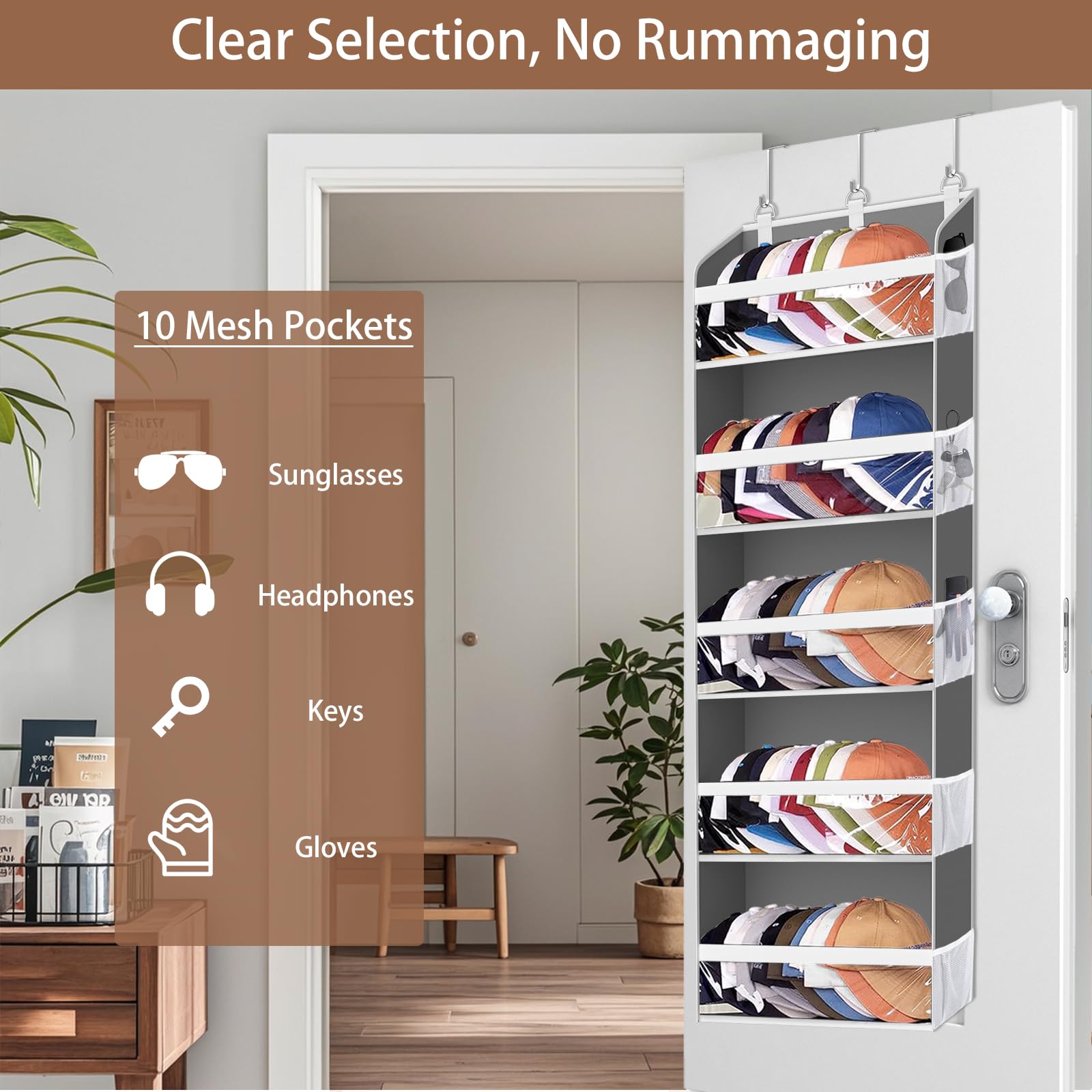 KYEVIS Over The Door Hat Rack for Baseball Caps, Hold up to 60 Hats Organizer Storage for Closet Wall, Clear Hanging Hat Holder with 10 Mesh Pockets