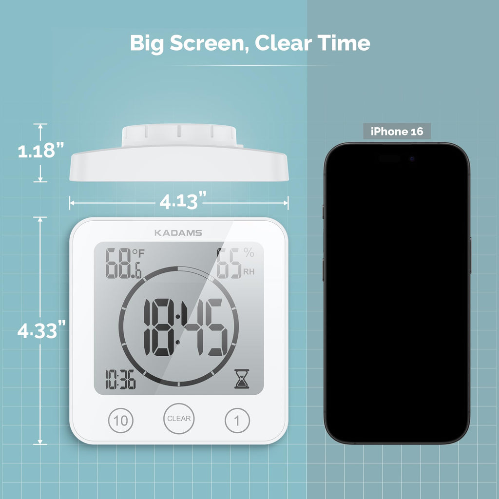KADAMS Digital Bathroom Shower Kitchen Clock Timer, Waterproof for Water Splashes, Visual Countdown Timer, Time Management Tool, Indoor Temperature Humidity, Suction Cup, Hole Stand - White