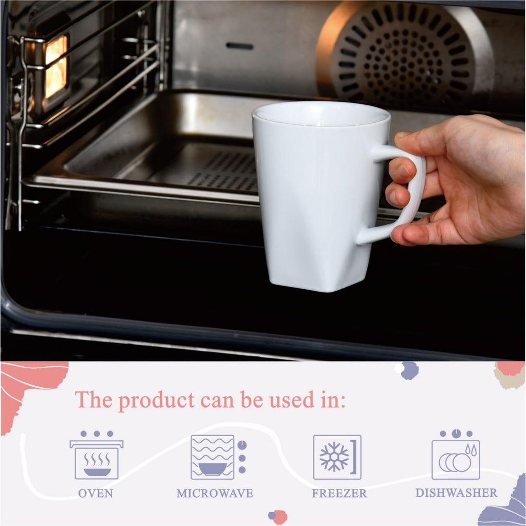 Miicol Porcelain Coffee Mugs Set of 6, Large Coffee Cups 400 ml / 14 oz, White Tea Cups, Ceramic Mugs for Latte, Cappuccino, Milk, Cocoa, Square Bottom, Microwave & Dishwasher Safe