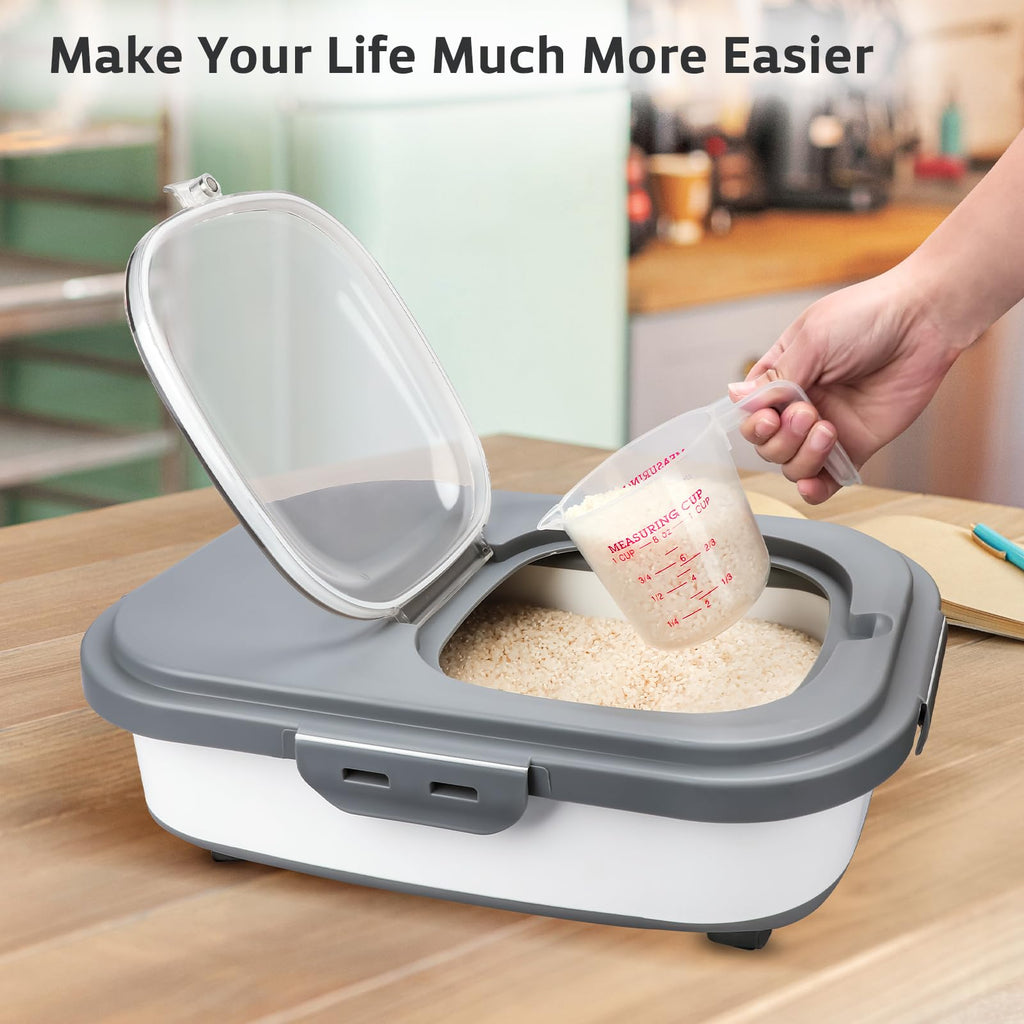 Komzon Rice Storage Containers, Collapsible 10 to 30Lbs Food Storage Bin Dispenser with Rolling Wheel and Clear Airtight Lid, BPA Free Flour, Sugar, Cereal and Dog Cat Pet food Containers