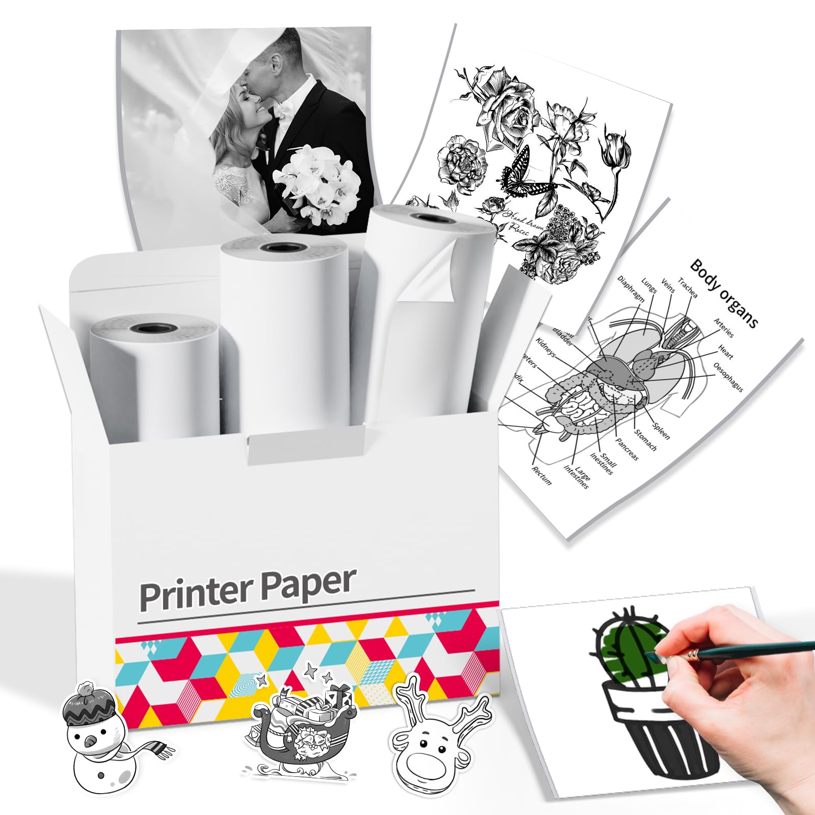 Memoking White Thermal Sticker Paper 50mm, Compatible with T02/M02/M04S/M04AS Mini Sticker Maker, HD Adhesive Thermal Printer Paper for Kids Suitable for Study Notes, List, Gift, 3.5m/Roll, 3 Rolls