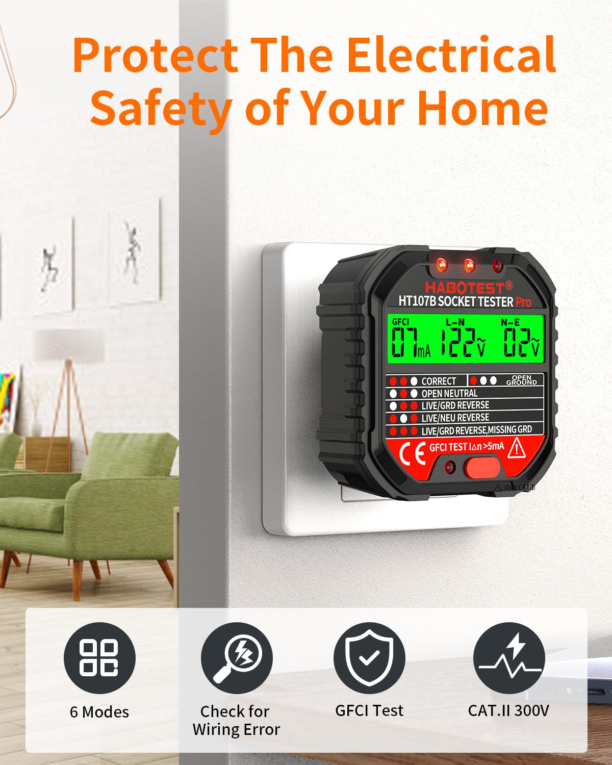 Outlet Tester Electrical GFCI Receptacle Detector with LCD Display, 90-250V Socket Tester, Circuit Polarity Voltage Detector, Plug Tester Breaker Finder with 6 Visual Indication CAT II 300V (CA Plug)