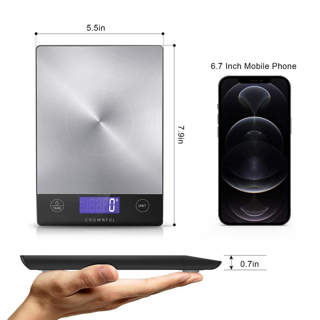 CROWNFUL Food Scale, Rechargeable 304 Stainless Steel Digital Kitchen Scale Upto 33lb Weight Grams and Ounces with LCD Display and Type-C Charging for Baking and Cooking