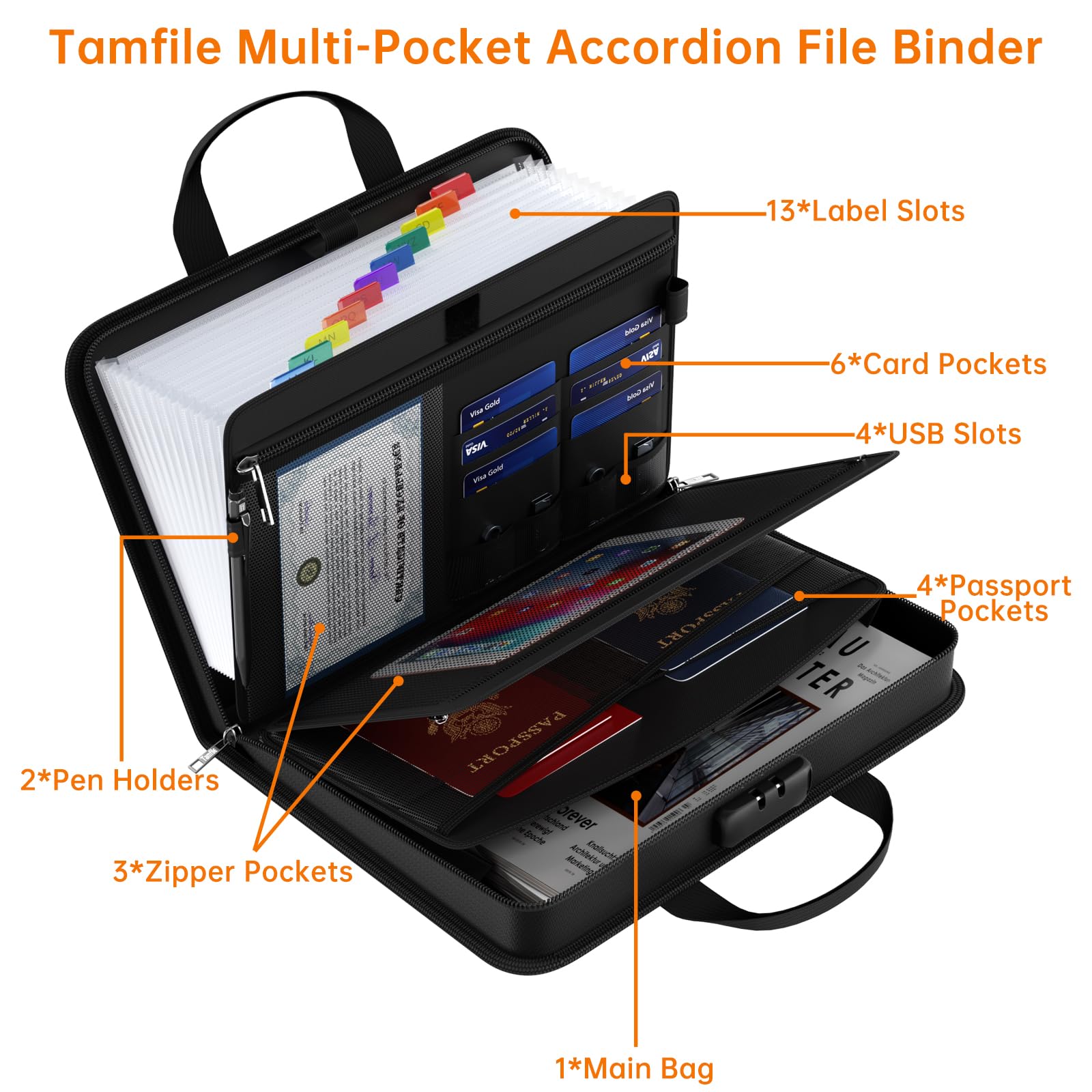 Fireproof Accordion File Organizer with Lock, Thickened Document Organizer 13 Pocket with Zipper & Labels, Important Document Organizer, Expanding File Foler with Handle for Letter A4 Files (Black)
