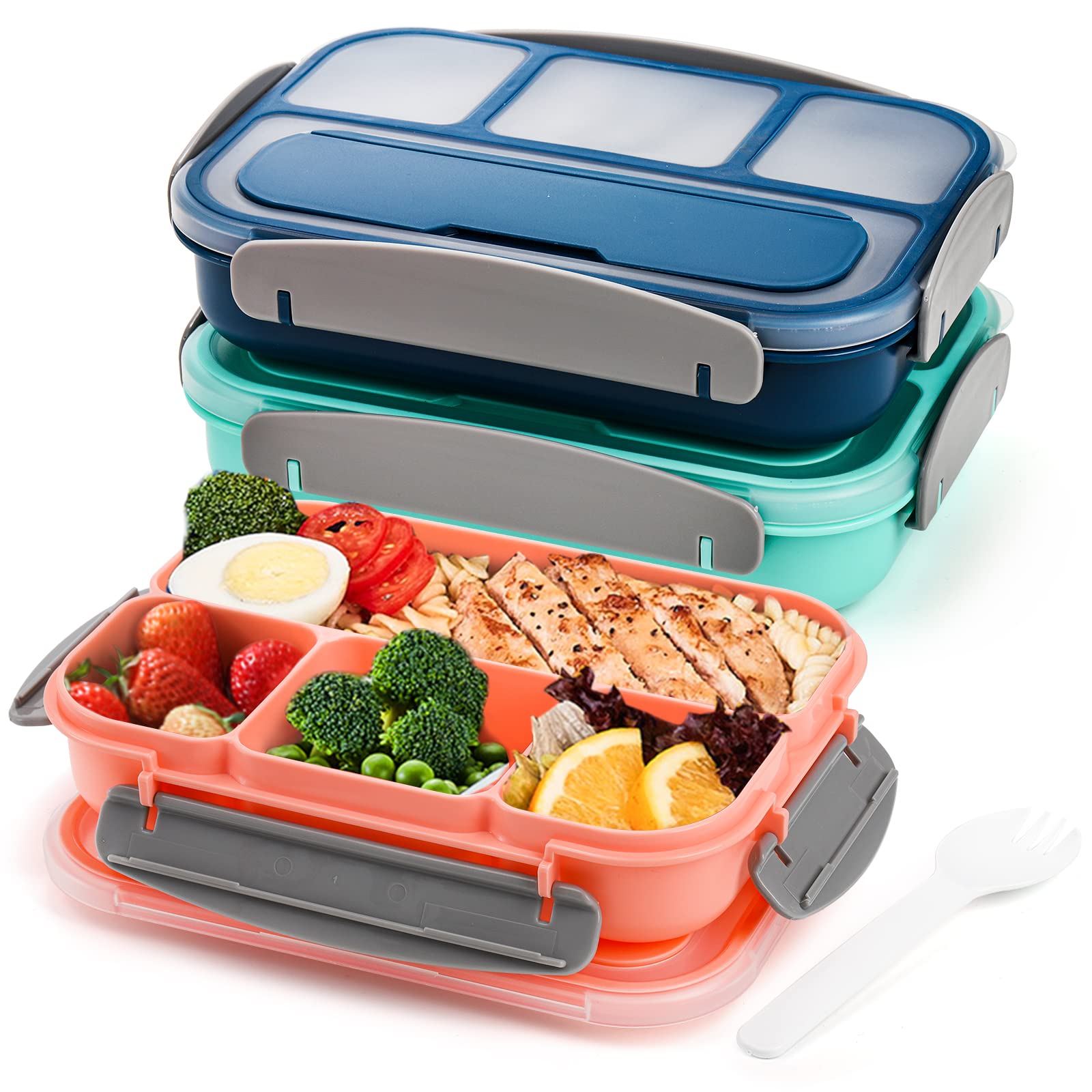 Okllen 3 Pack Bento Lunch Box, Plastic Bento Box Adult Lunch Box with 4-Compartment & Spoon, Leakproof Lunch Containers for Meals,Snacks, School, Company, and Travel, Pink, Green, Blue