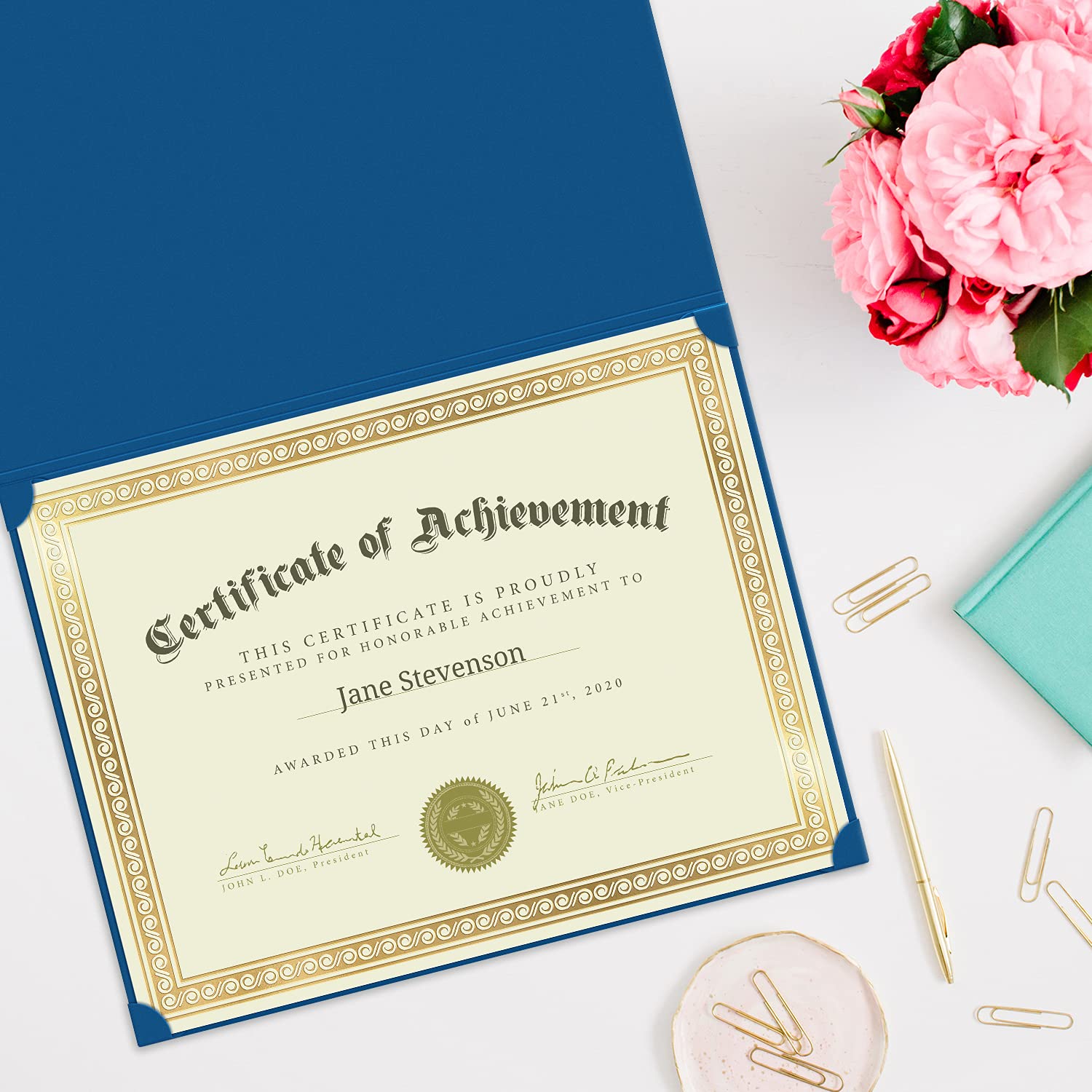 S&O Certificate Holders for Award Certificates. 25x Set Professional Certificate Sleeves for 8.5x11 Document. Citizenship and Marriage Recognition Folders, Gold Border Graduation Diploma Holder