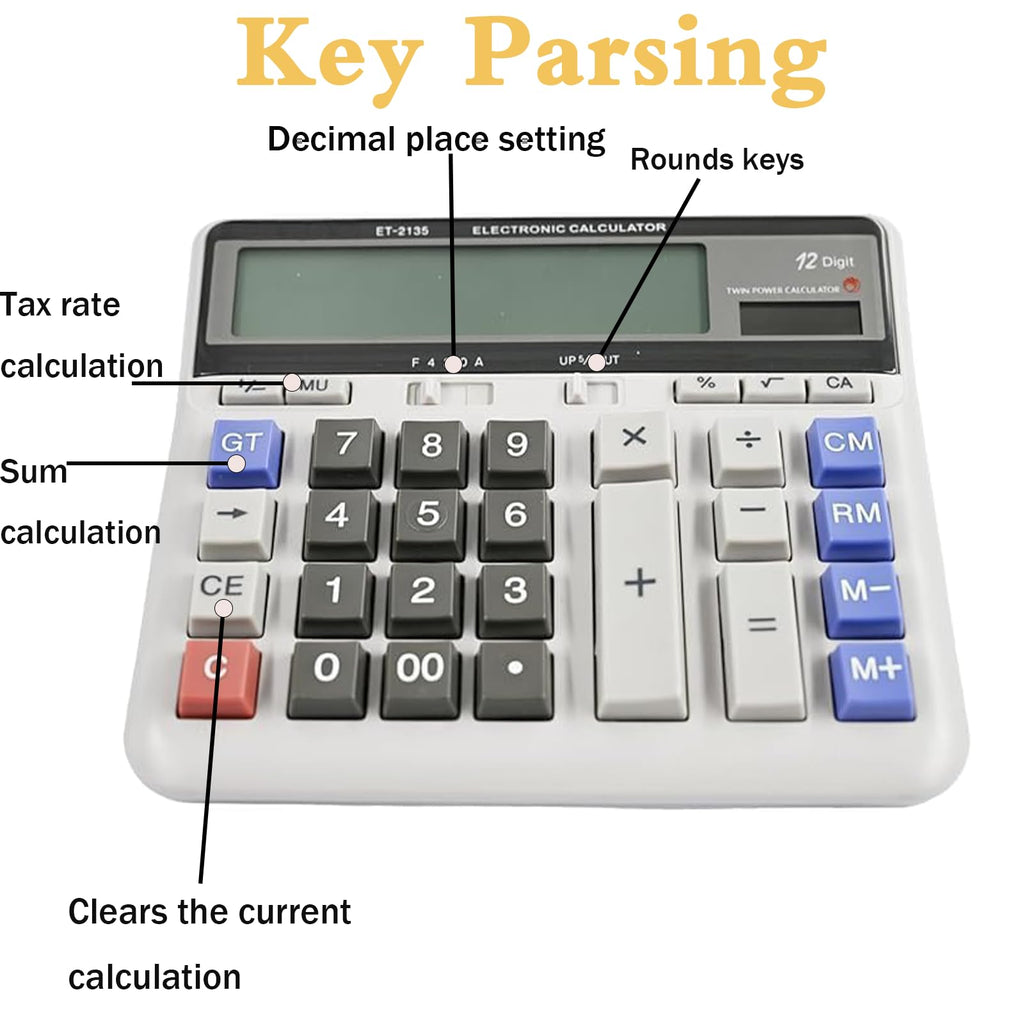 Desktop Accounting Calculator with 12-Digit Extra Large LCD Display, Accountant Calculator for Big Buttons, Battery & Solar Dual Power Supply for Office Business Home Daily Use