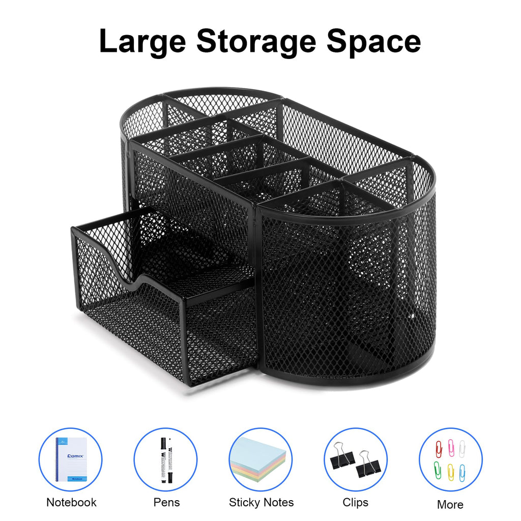 Comix Pen Holder, Mesh Desk Organizers with 8 Compartments and 1 Drawer, Oval Shaped Pencil Holder for Home School Office Supplies