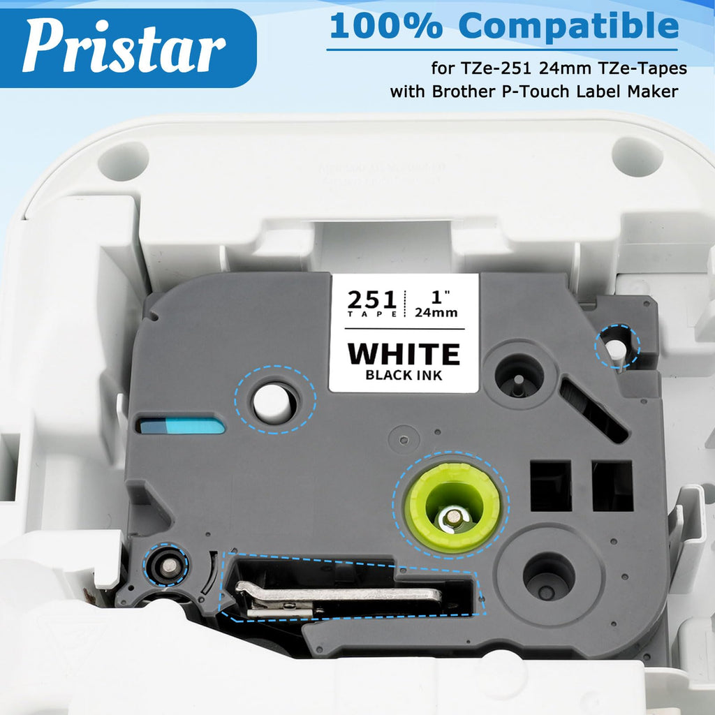 Pristar Compatible Label Tape Replacement for TZe-251 Tze251 TZ Tape 24mm Laminated Tape Work with Brother PT-P700 PT-P710BT PTD600VP PTP750W PT2730, Black on White 1' x 26.2ft (8m), 3-Pack