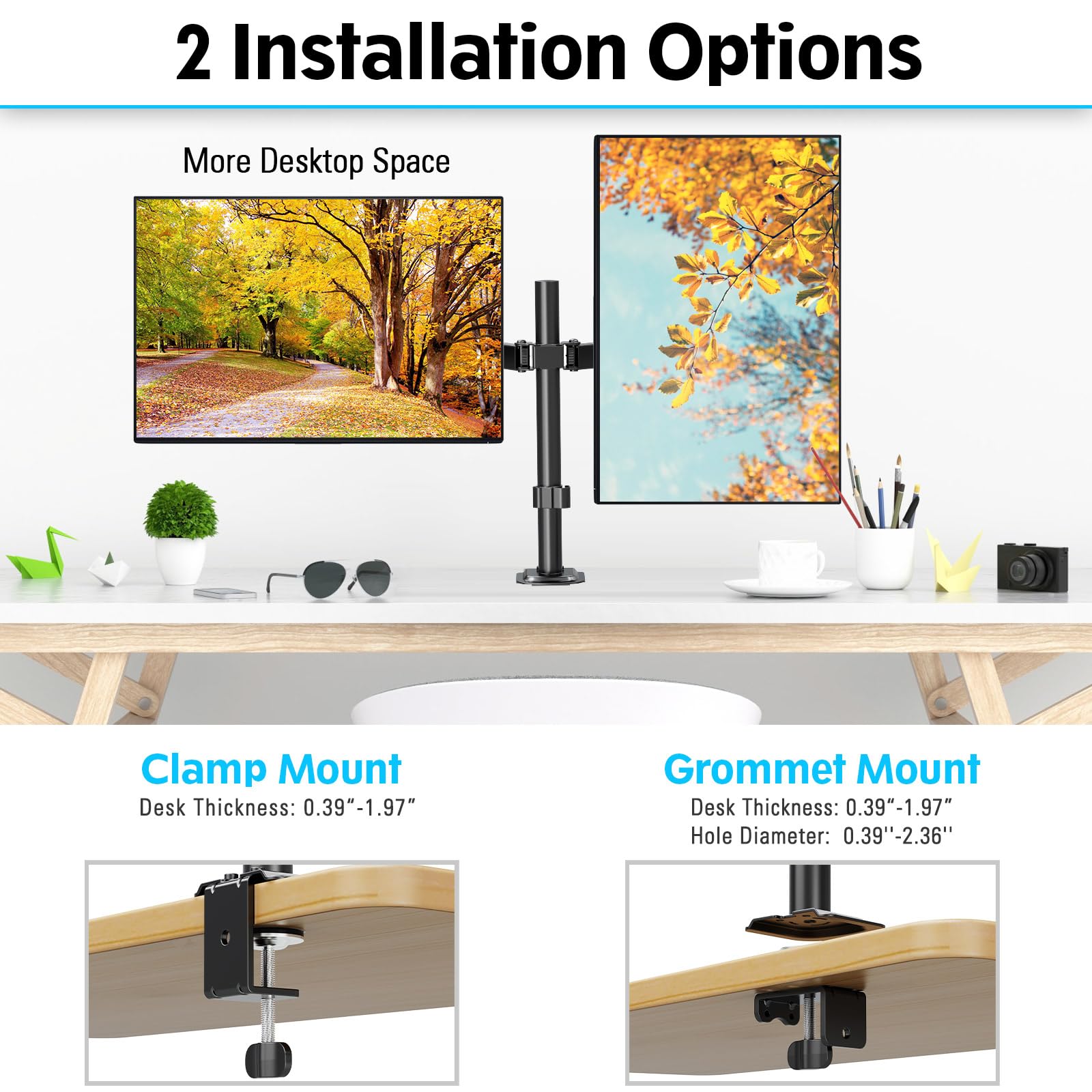MOUNTUP Dual Monitor Desk Mount, Max 32 Inch up to 17.6lbs, Fully Adjustable Dual Monitor Arm for 2 LCD Screens, Double Monitor Stand with C-Clamp and Grommet Base
