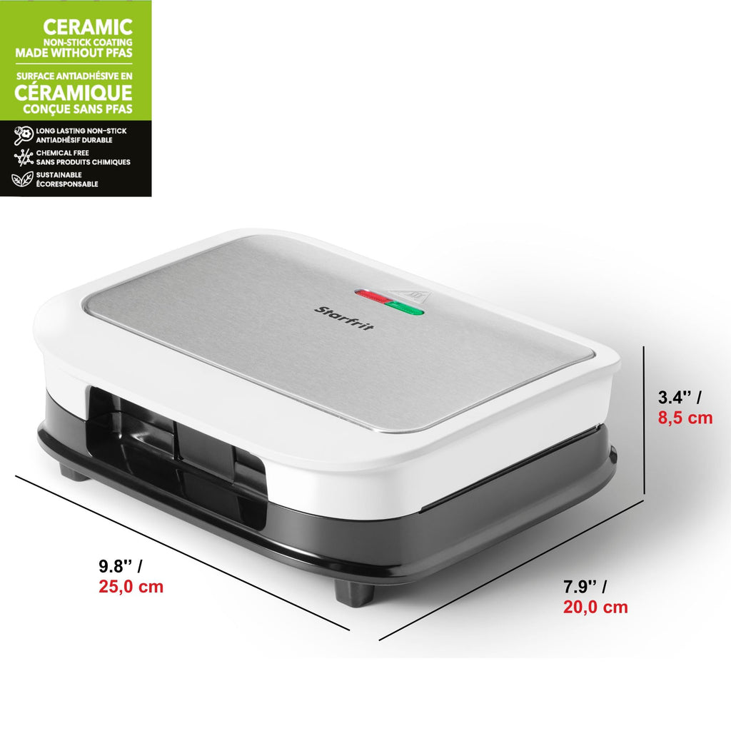 Starfrit Electric Sandwich Maker - Chemical Free Ceramic Non-Stick Surface – 2 Slice & 4 Deep Pockets To Fill – Indicator Light -Cool Touch Handle - 700W – White