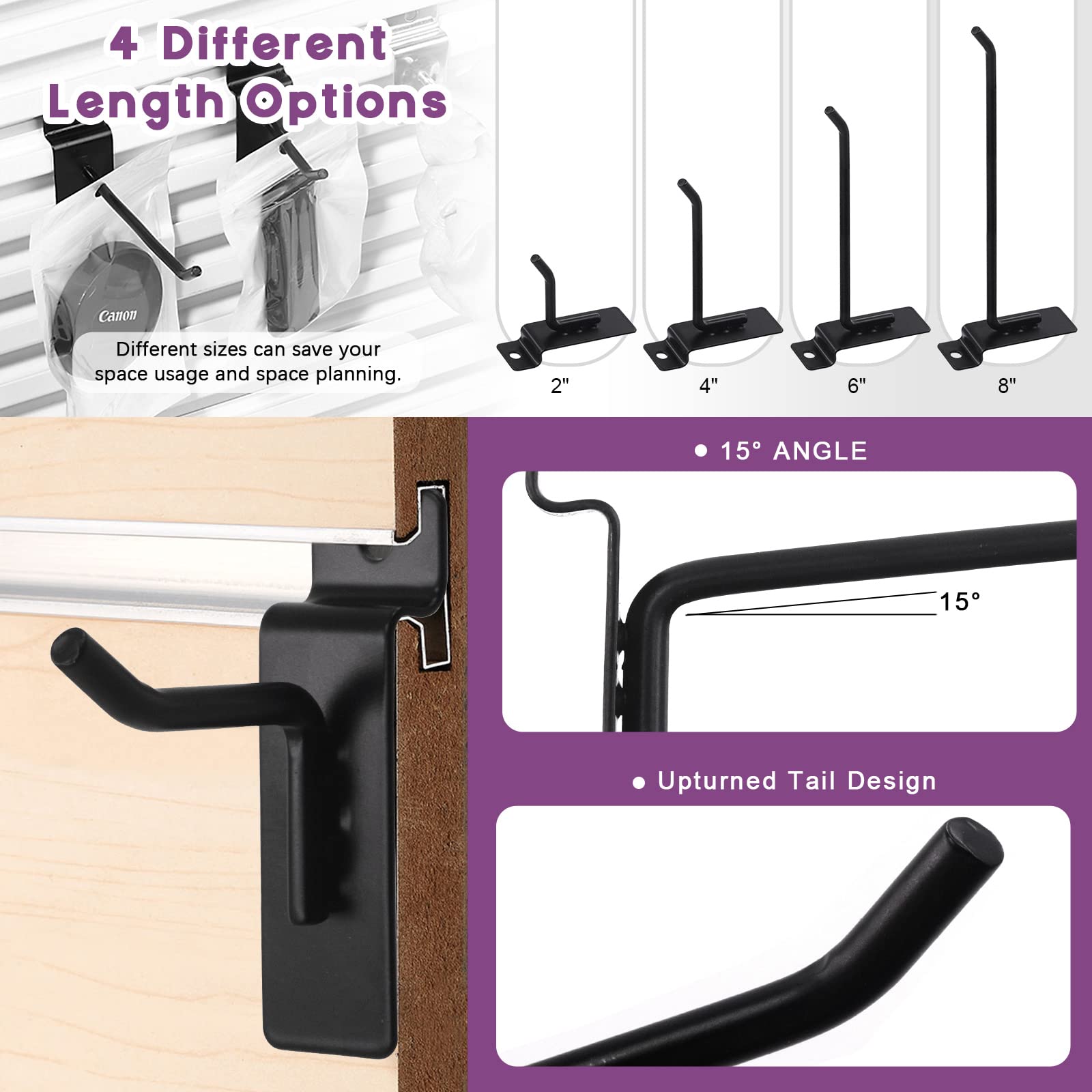 Swpeet 20Pcs 4 Inch Heavy Duty Slatwall Hooks Assortment Kit, Slatwall Accessories Slatwall Panel Hooks Garage Organization Slat Wall Hooks Pegboard Gridwall Hooks Display for Retail Black