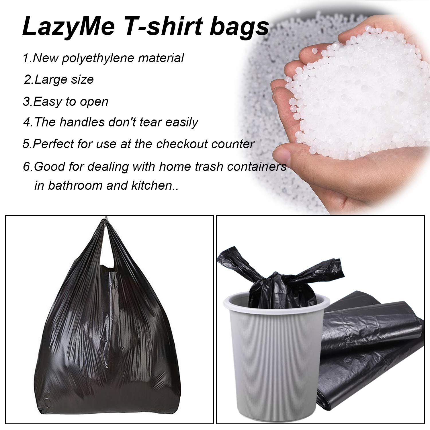 T Shirt Bags Black Plastic Grocery Bags with Handles in Bulk, Bolsas De Plastico para Negocio, 16x23 Inch (100 Pcs)