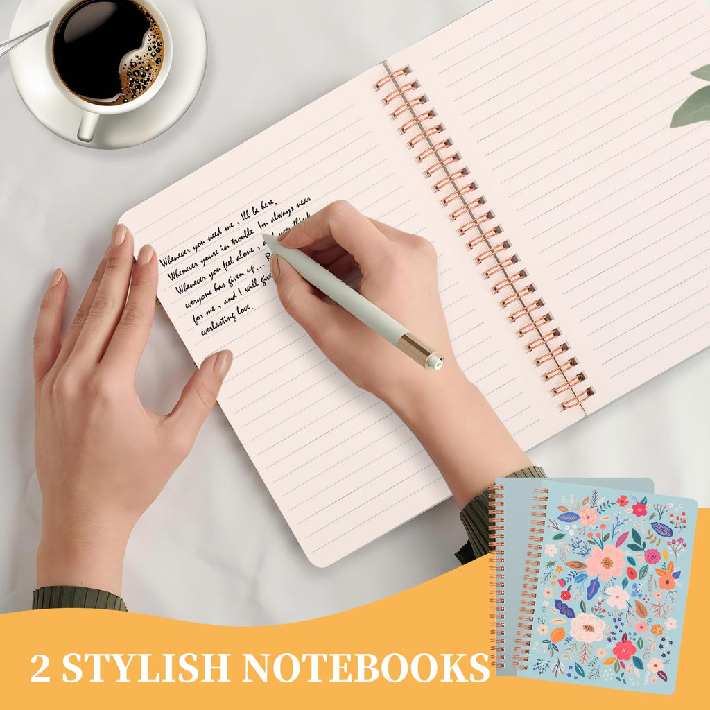 Aesthetic Spiral Notebook Set of 2 For Women - Artistic flower 6.5" x 8.3" College Ruled Notebook With Large Pockets And Lined Pages -Boost Productivity at Work or School