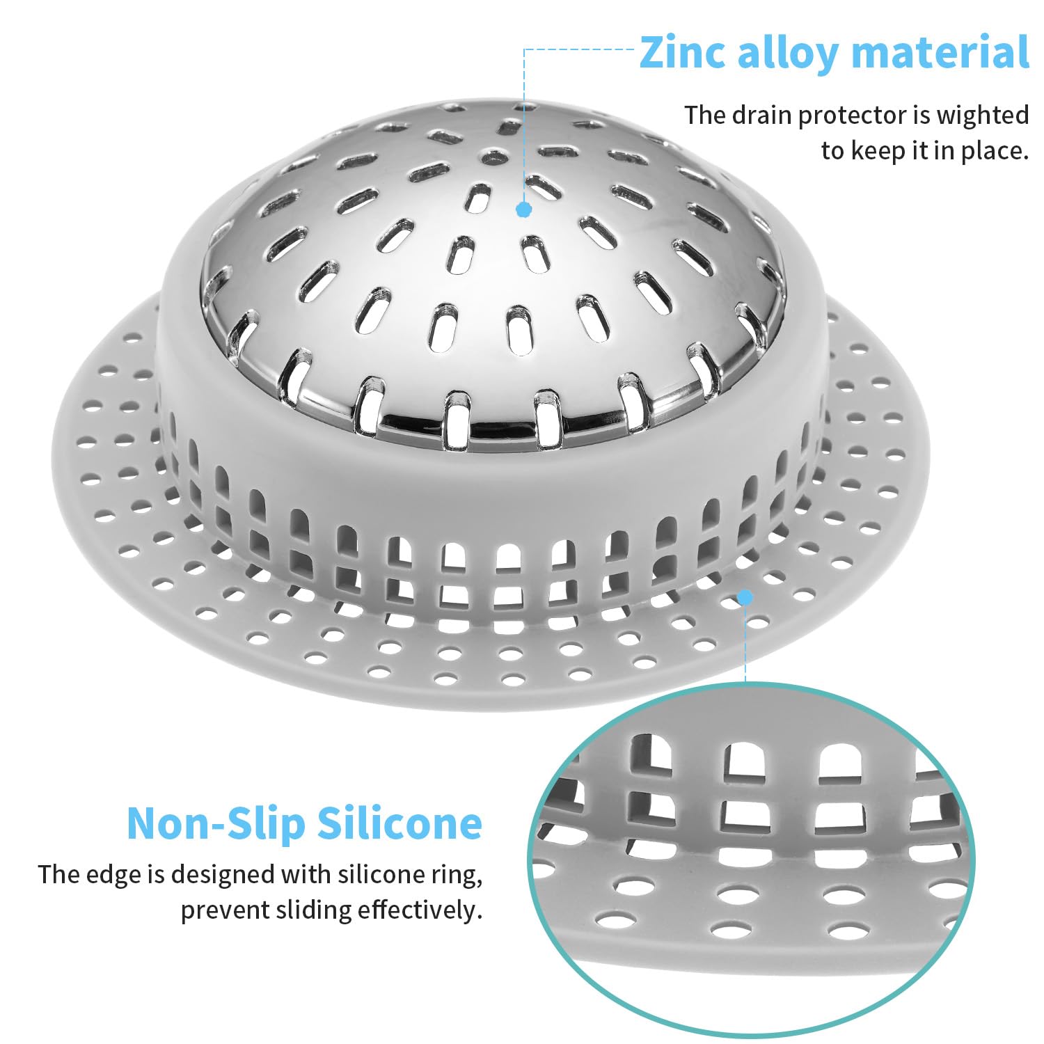 Aluvor Drain Hair Catcher, Bathtub Drain Cover Shower Drain Hair Trap Prevent Clogging Stainless Steel and Silicone Strainer Protector for Pop-Up & Regular Drains