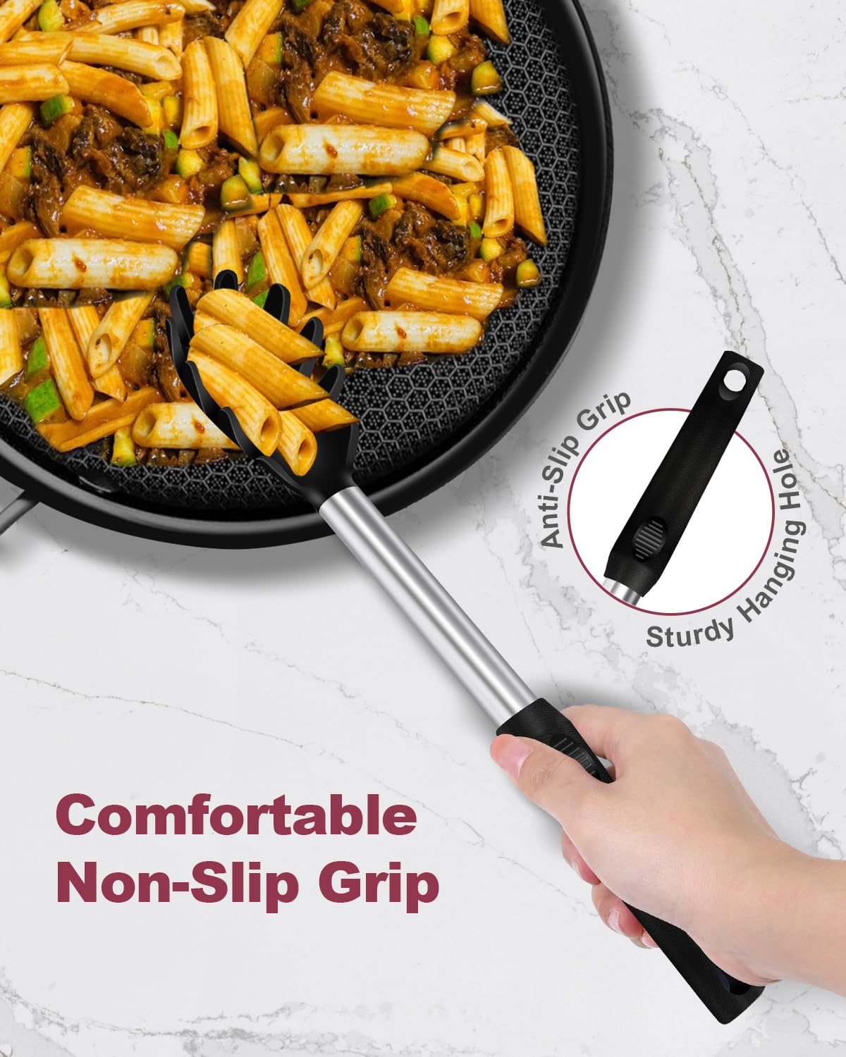 Silicone Spaghetti Spoon and Pasta Tong, Heat-Resistant Noodle Spoon Server, BPA-Free Spaghetti Strainer, Fork with Teeth and Stainless Steel Handle, Food-Grade Clip for Pasta, Black