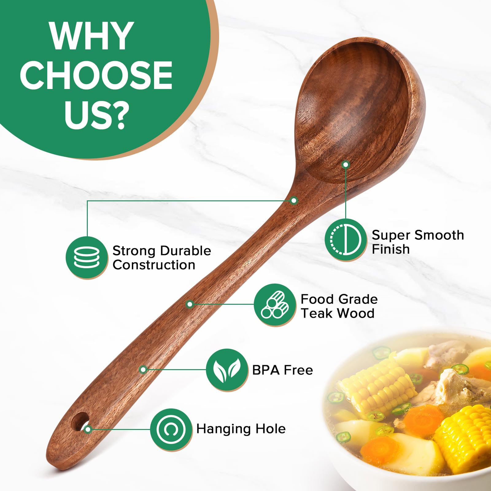 PETHOMKIT Wooden Soup Spoon, Teak Soup Ladle, 10.6" Long Handle, 1 Piece, BPA Free, Brown, Kitchen Ladle