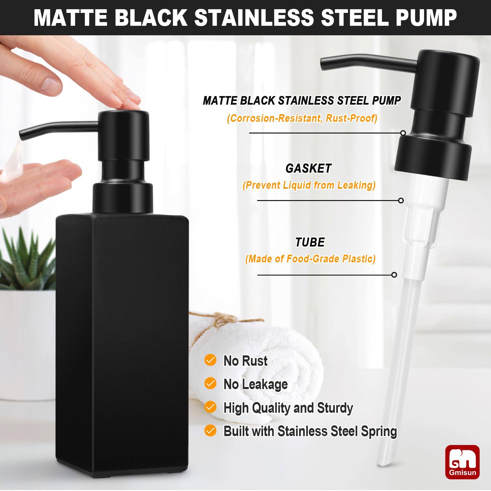 GMISUN Black Soap Dispenser, Hand Soap Dispensers Bathroom, 12oz Glass Soap Dispenser with Stainless Steel Pump, Dish Soap Dispenser for Kitchen, Bathroom/Kitchen Liquid Soap Dispenser Set, 2-Pack