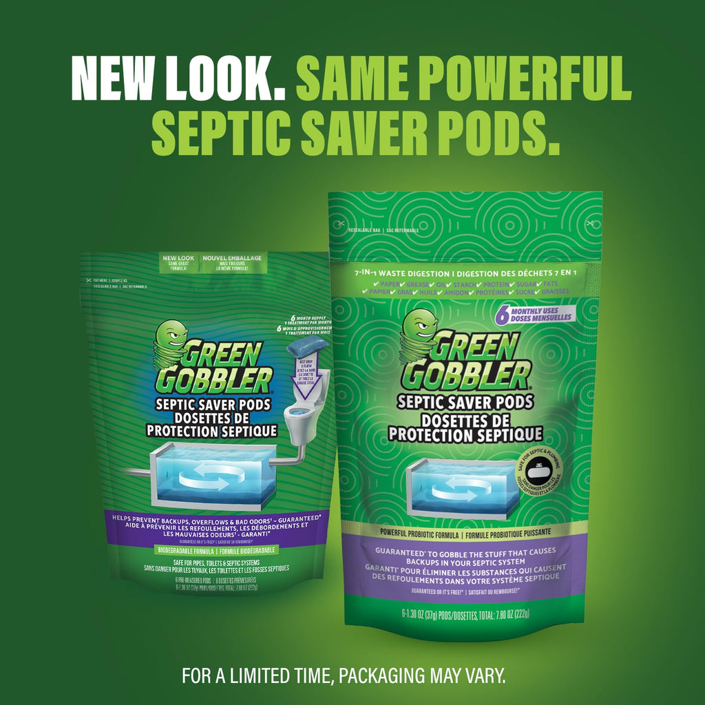 Green Gobbler Septic Saver Bacteria Enzyme Pacs | 6 Month Septic Tank Supply | Septic Tank Teatment Packets