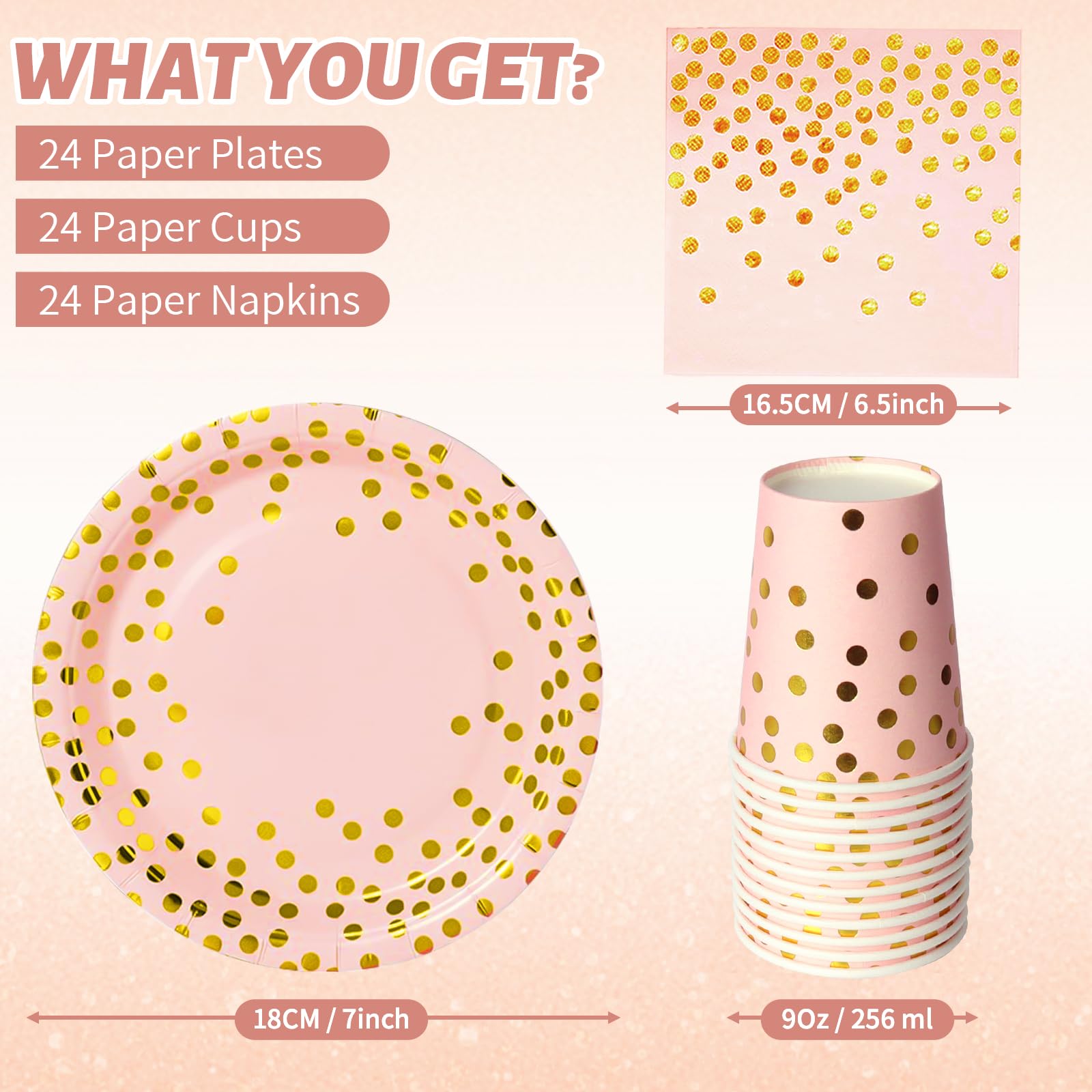 PYAILI Party Tableware 72 Pieces Pink Gold Children's Birthday Girls Party Decoration Accessory Set Paper Tableware Set 24 Guests