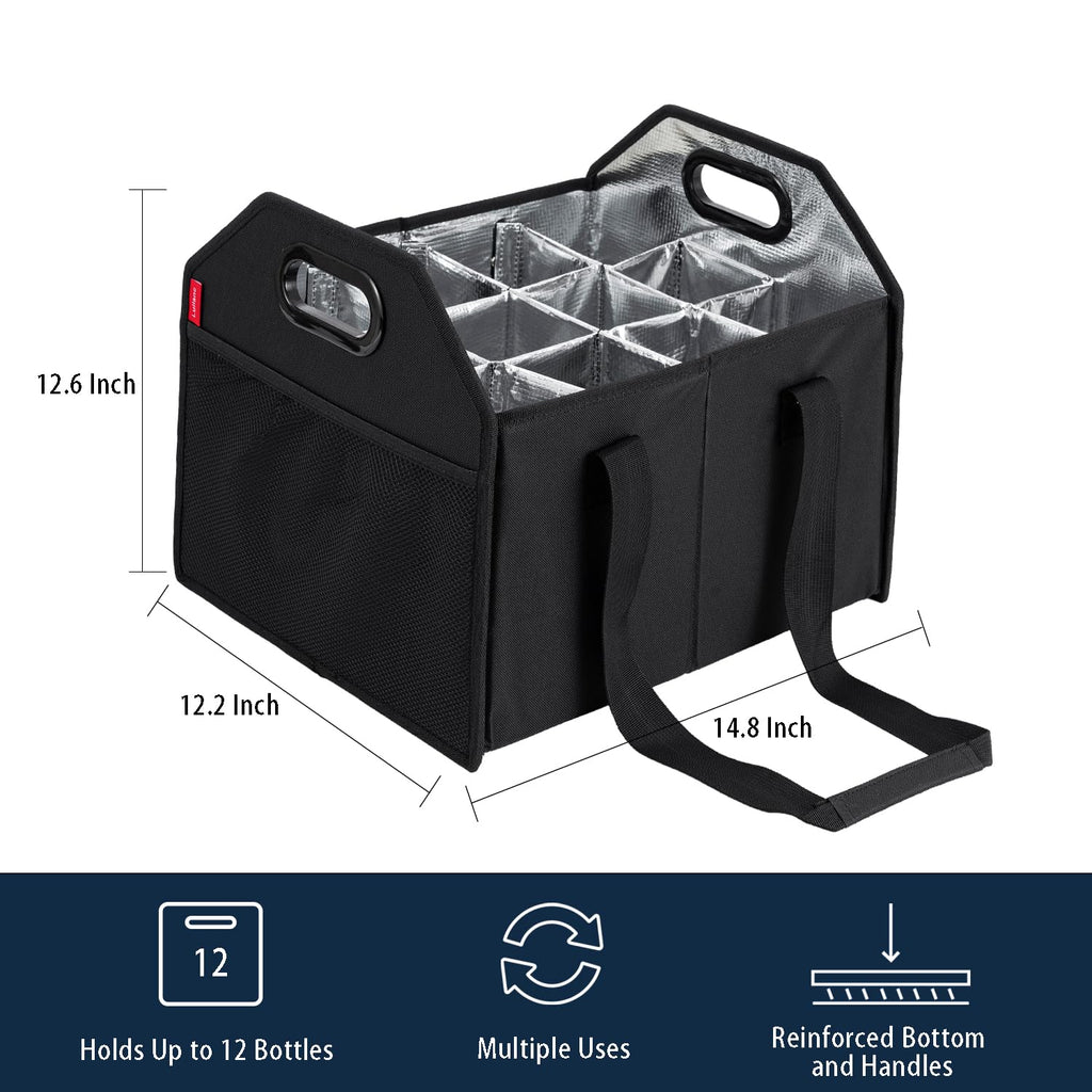 LUILANC Collapsible 12 Bottle Wine Carrier - Reusable Portable Storage Box for Tote Bag, Moving, Vacation, Bottle Caddy, Grocery Shopping, Wine Tasting (Black)