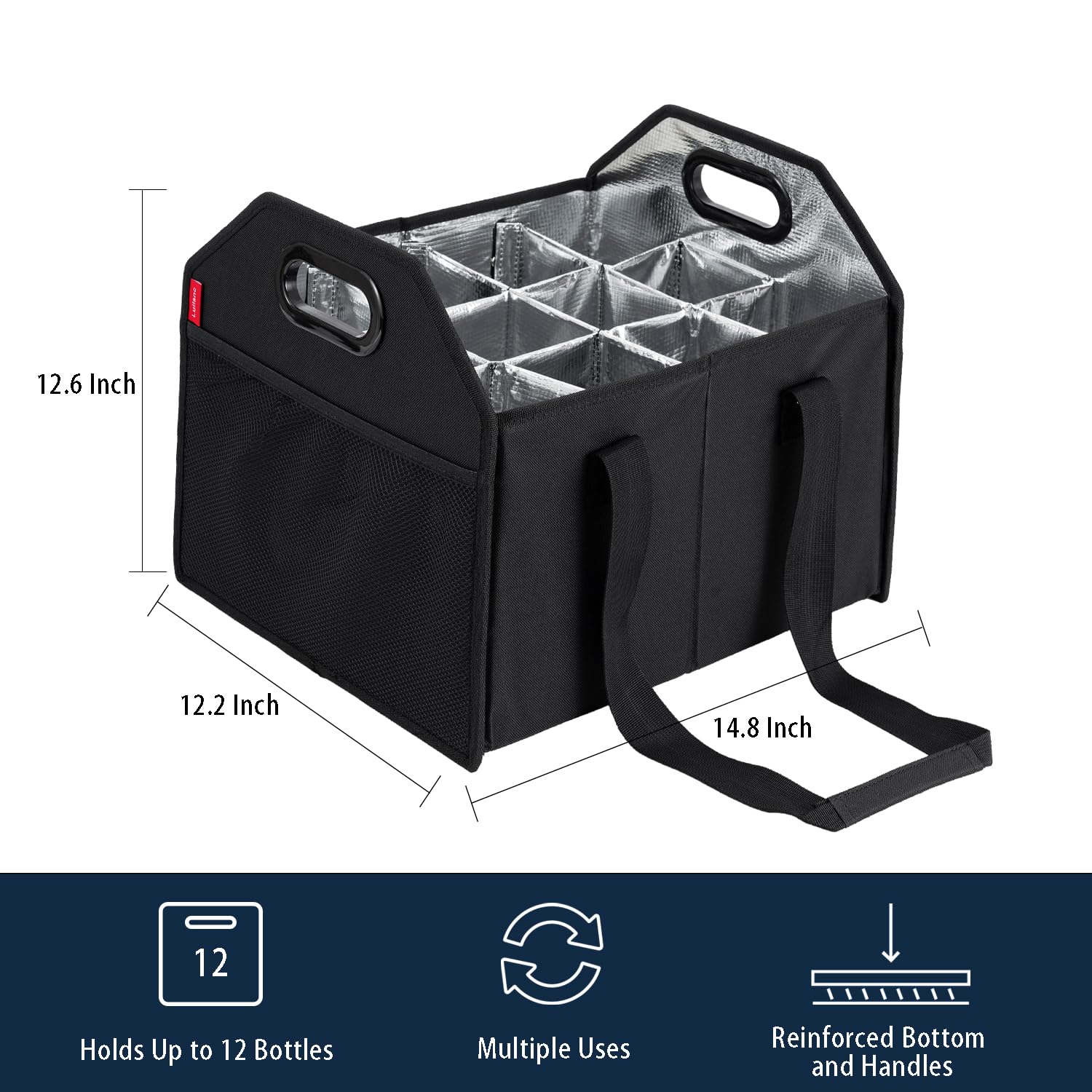 LUILANC Collapsible 12 Bottle Wine Carrier - Reusable Portable Storage Box for Tote Bag, Moving, Vacation, Bottle Caddy, Grocery Shopping, Wine Tasting (Black)