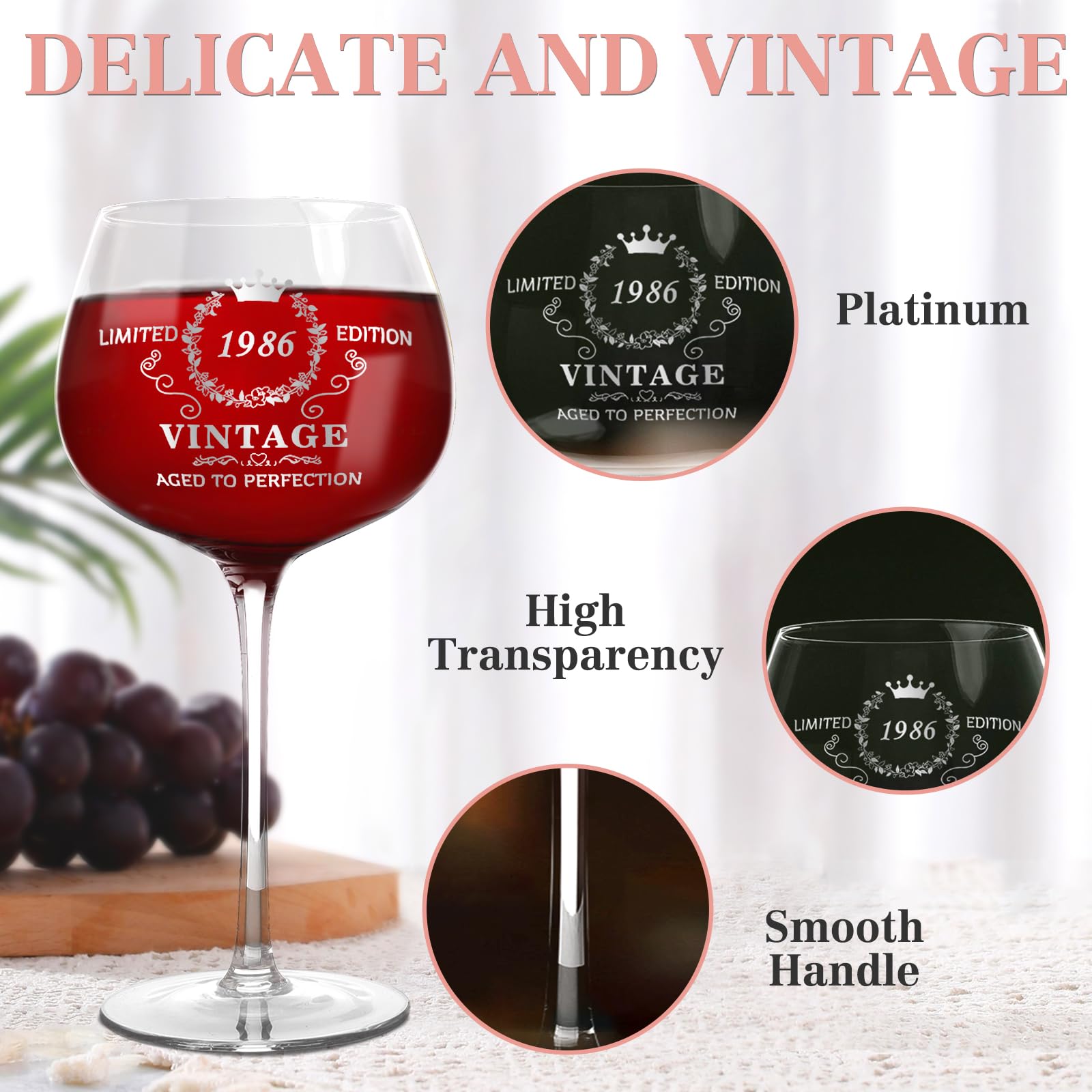 40th Birthday Gifts for Women,Vintage 1986 Platinum Print Wine Glass, 40th Birthday Decorations for Women, 1986 40 Year Old Gift Ideas for Her, Wife, Friends - 16Oz Wine Glass