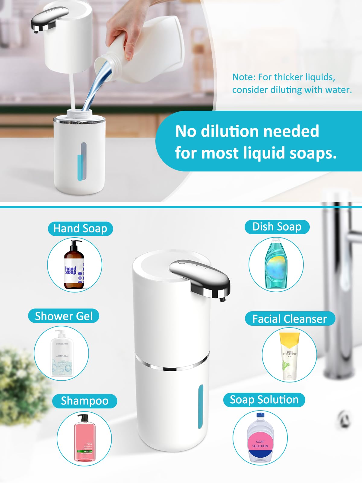 ZTJ Automatic Liquid Soap Dispenser, Electric/Touchless Soap Dispenser with Waterproof Pump for Bathroom/Kitchen, 4-Levels Adjustable USB-C Rechargeable, 13.5oz/400ml Capacity, Liquid Style, White