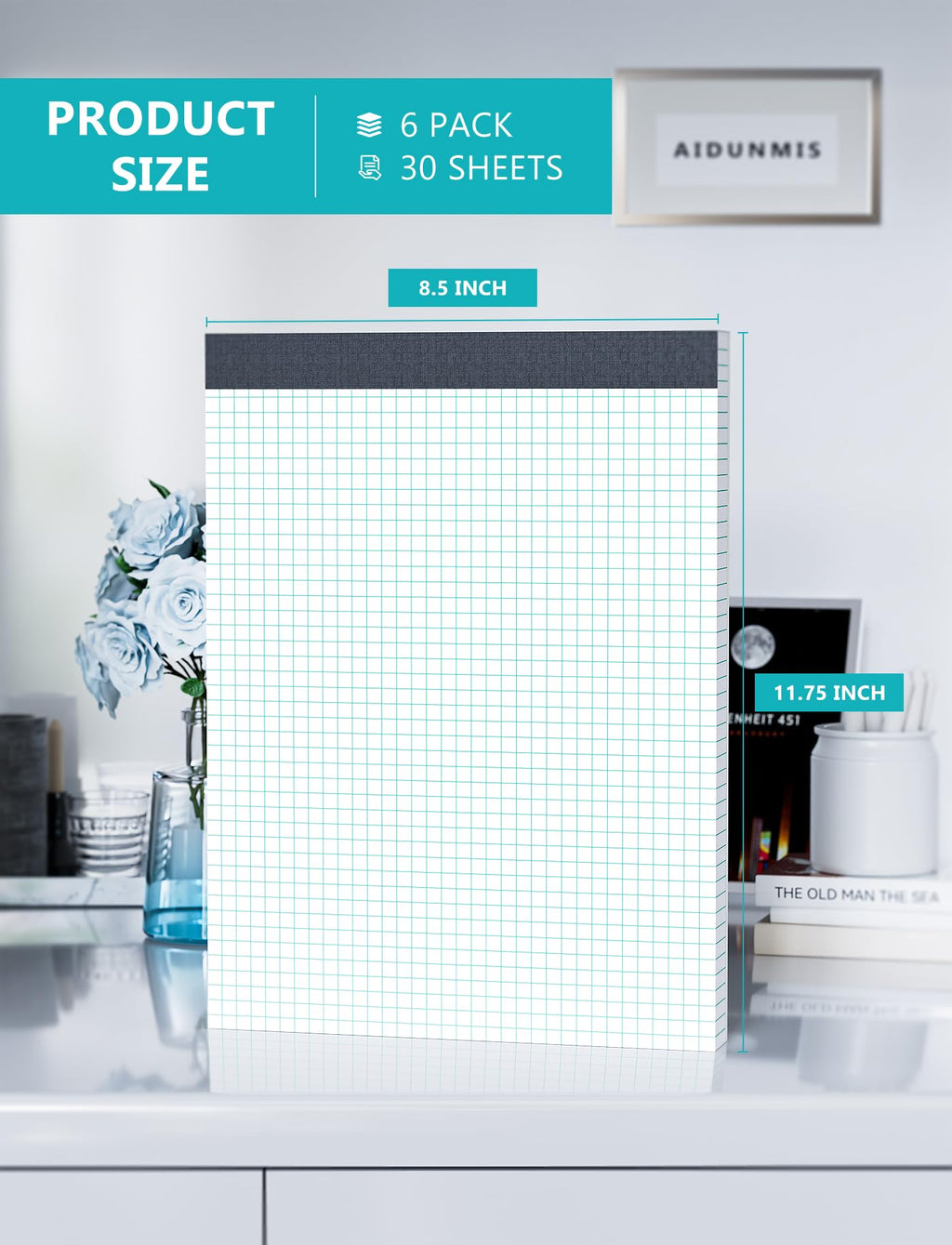Graph Papers Pads 8.5 x11 Grid Paper Notebook 8.5 x 11 Graph Paper Notebook 8.5 x 11 Blue Quad Rule 4x4 Graph Paper 6 Pack Graphing Paper Notepad Grid Paper Pad 8.5x11 Square Paper Pads- 30 Sheets/Pad