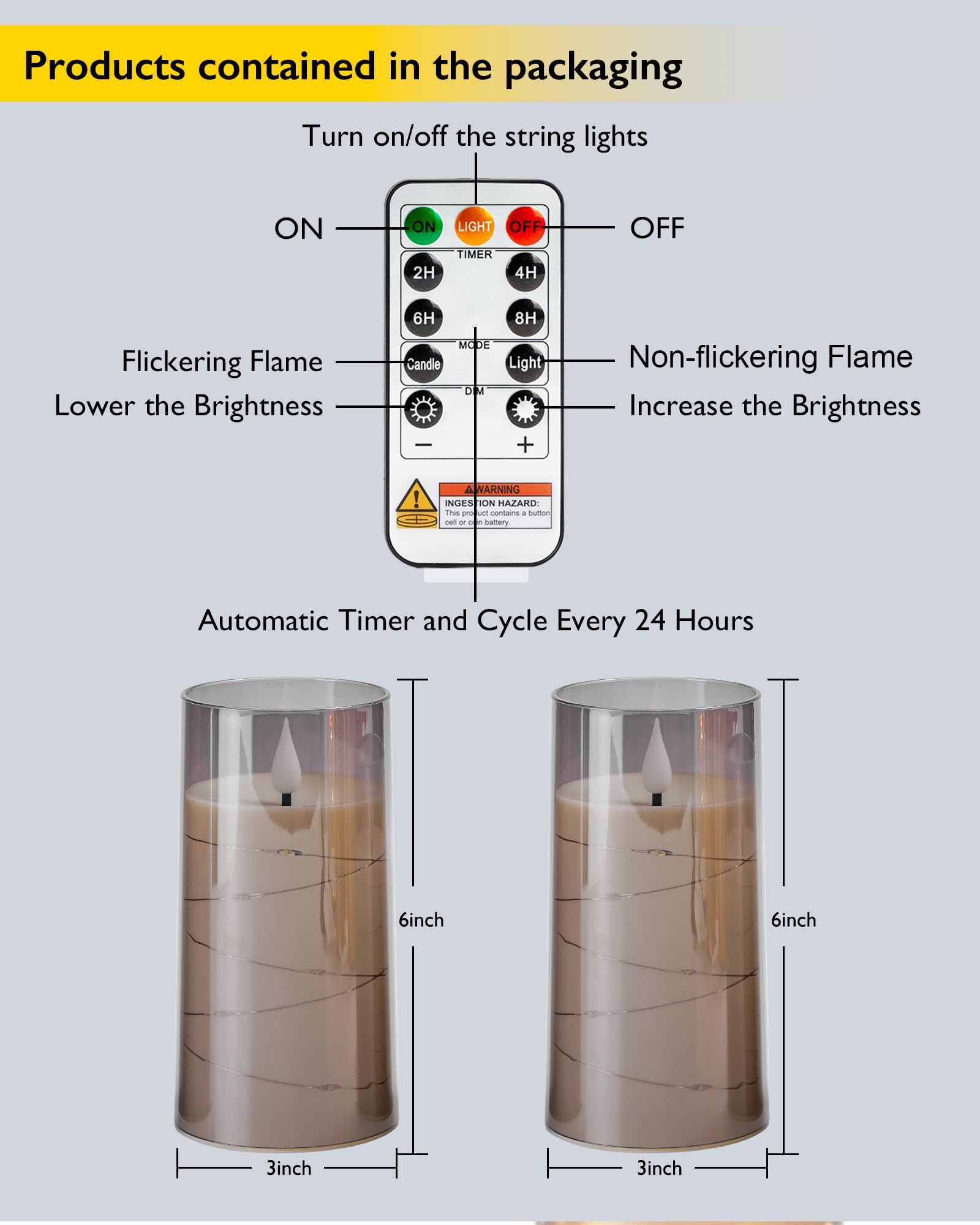 AMAGIC Flameless Pillar Candles Built-in String Lights, Battery Candle Flickering with Remote Timer, Fake LED Candles for Home Wedding Festival Decoration, 2 Pack Gray 3" x 6"