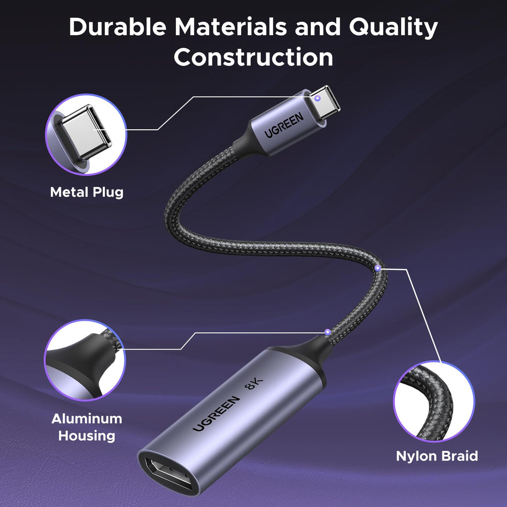 UGREEN 8K@60Hz USB C to DisplayPort 1.4 Adapter Cable 4K@240Hz HDR Thunderbolt 4/3 to Display Port Converter USB C to DP 1.4 Braided Compatible with iPhone 15, Galaxy S23, MacBook Pro/Air, iPad, XPS17