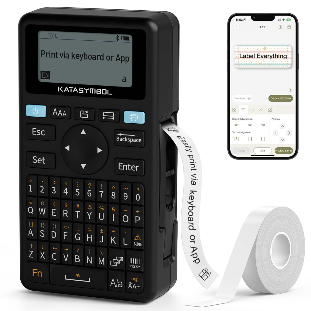 SUPVAN E11 Bluetooth Label Maker Machine with Tape, Support Keyboard & App with 30+ Fonts and 660+ Icons, Rechargeable Inkless Labeler for Home, Kitchen, Office, School, Organization, Black