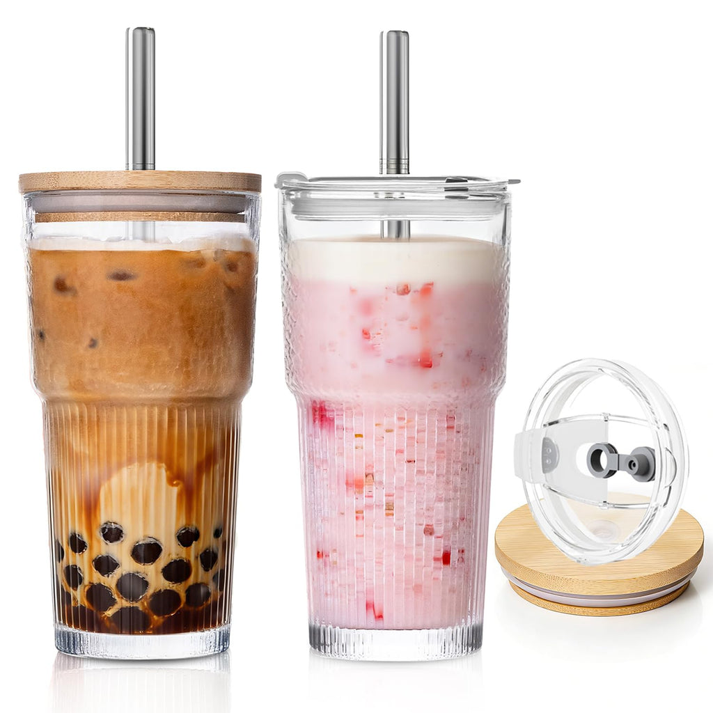 KEMORELA 20oz Ribbed Glass Tumblers with Bamboo & 2 in 1 Leak-Proof Lids, Extra-Wide 13mm Reusable Stainless Steel Straws, 2Pcs Vintage Drinking Glasses for Boba, Iced Coffee, Smoothies,Travel Cups