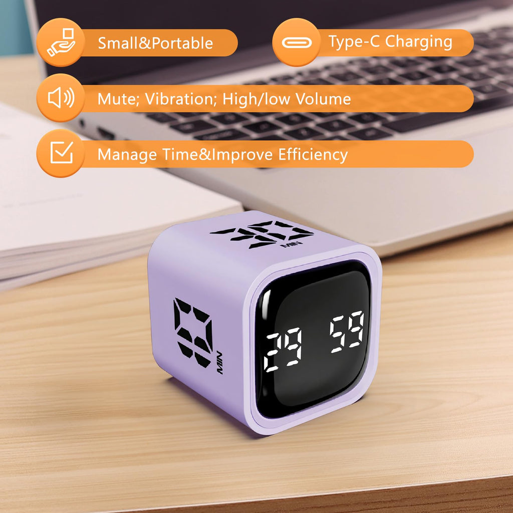 GuDoQi Cube Timer, Pomodoro Timer with Adjustable Sound and Vibration Alert, 5/10/30/60 Mins & Custom Mode, Visual Countdown Timer for Study, Office, Yoga, Purple