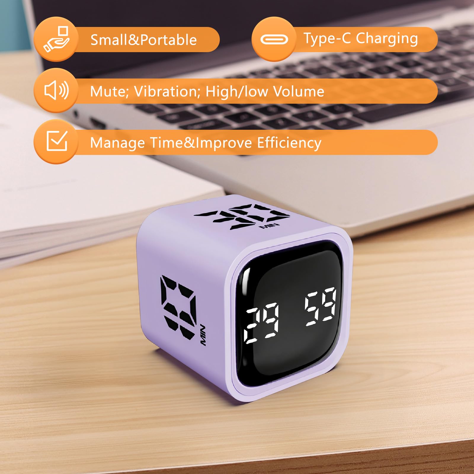 GuDoQi Cube Timer, Pomodoro Timer with Adjustable Sound and Vibration Alert, 5/10/30/60 Mins & Custom Mode, Visual Countdown Timer for Study, Office, Yoga, Purple