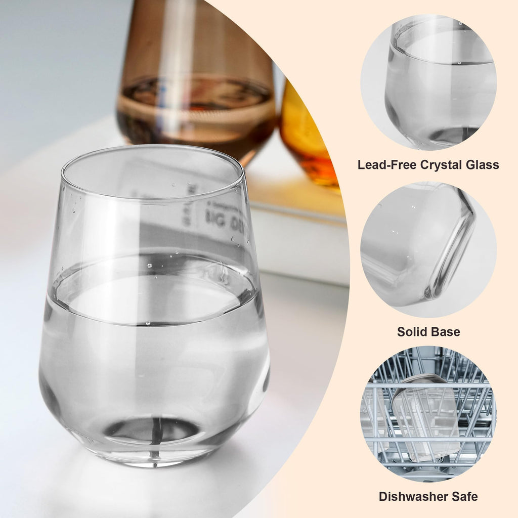 GLAZVIA Stemless Wine Glasses Set of 6, 15oz Clear Drinking Glassware Dishwasher Safe, Wine Glass Tumblers for Red or White, Gift for Party, Holiday, Anniversary, Restaurant, Home Bar, Daily Use