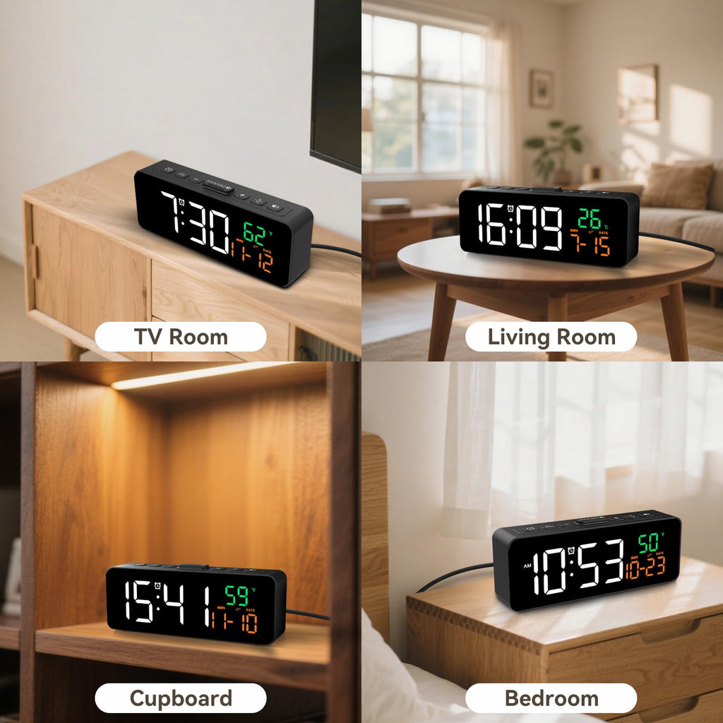 Netzu 3-in-1 Digital Clocks for Living Room with Temperature, Date & Time Display - 4 Levels Birghtness, 3 Volumes, Small Plug-in Alarm Clock for Bedroom, Office (Black)