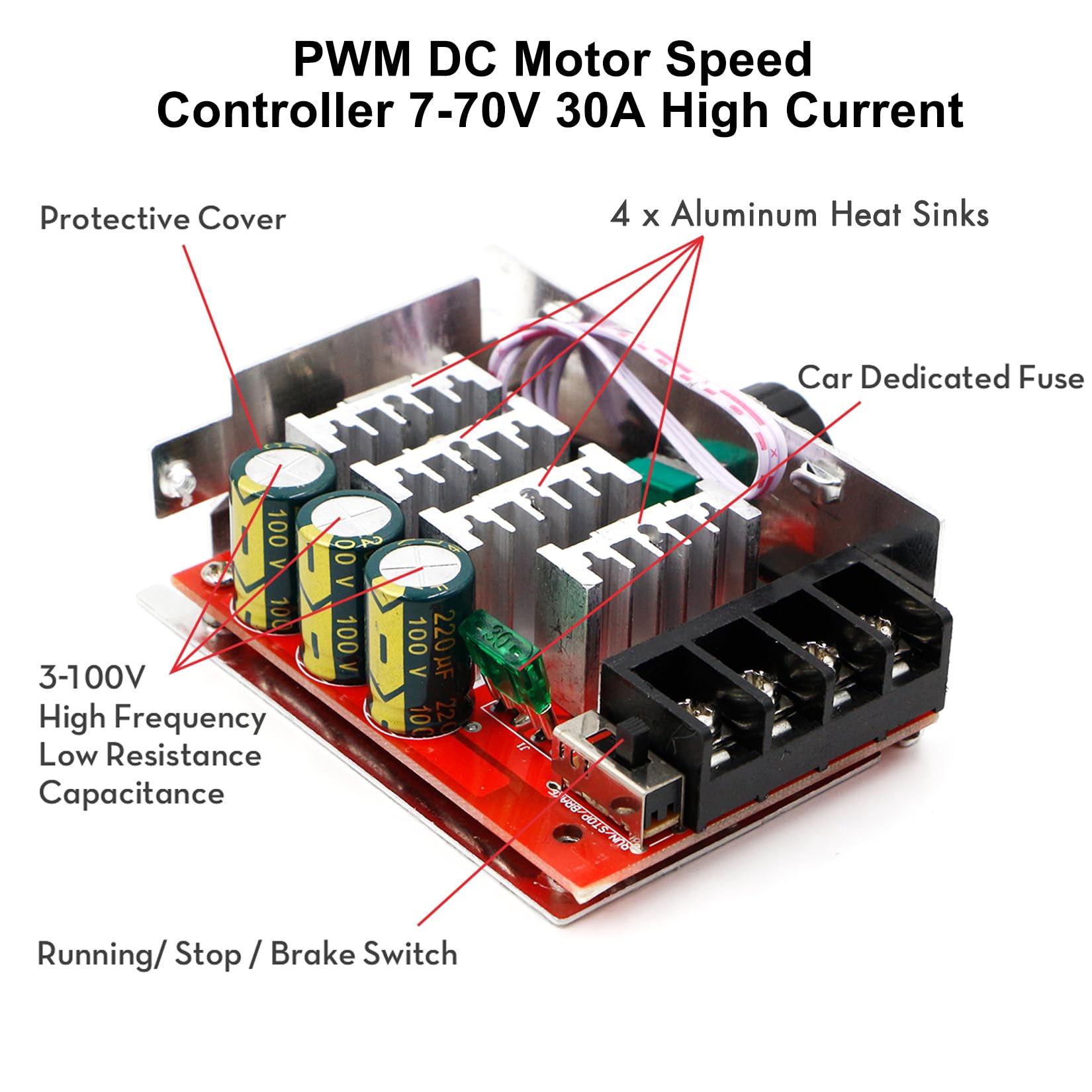 RioRand 7-70V PWM DC Motor Speed Controller 30A - Low Heat Aluminum Housing for Brushed DC Motors, DIY Projects & Small Electric Devices (Extra Fuse Included) Red