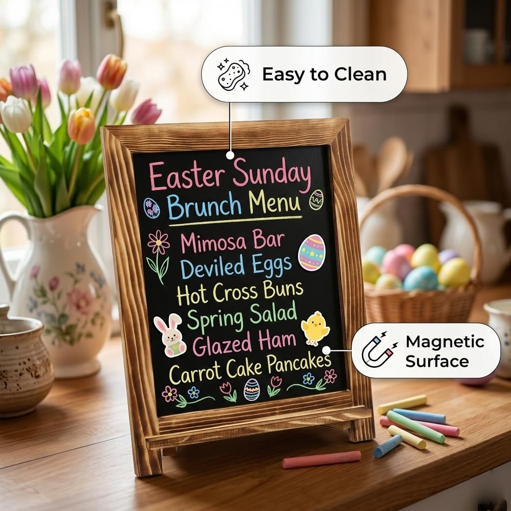 Rustic Chalkboard Sign, 15”x12” Standing Wood Framed Blackboard with Chalk Marker and Magnets, Magnetic Chalk Board Easel for Menu Kitchen Wedding Home Décor, Tabletop or Wall Hanging Display