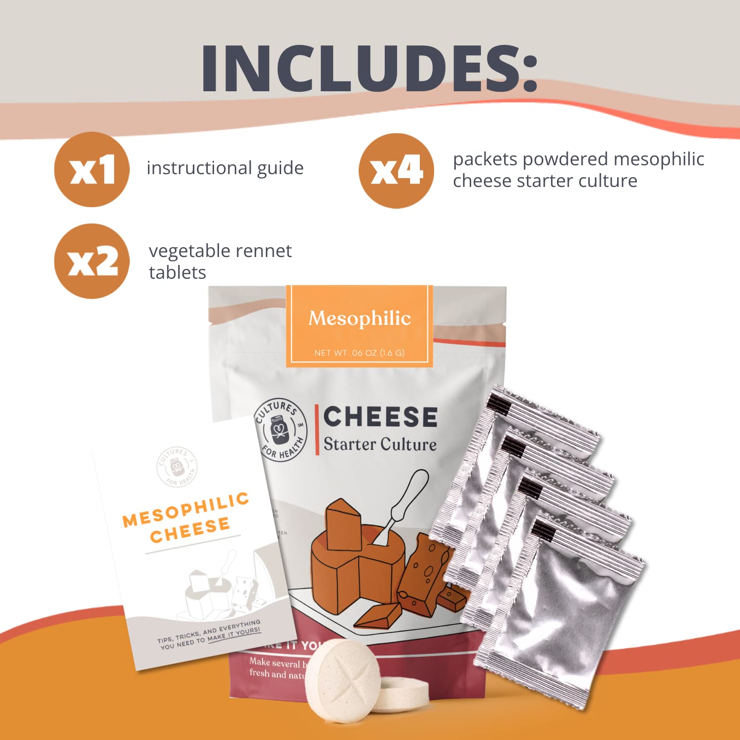 Cultures for Health Mesophilic Cheese Starter Kit | 4 Direct-Set Cultures & 2 Rennet Tablets | DIY Cheddar, Colby, Quark, Feta & More