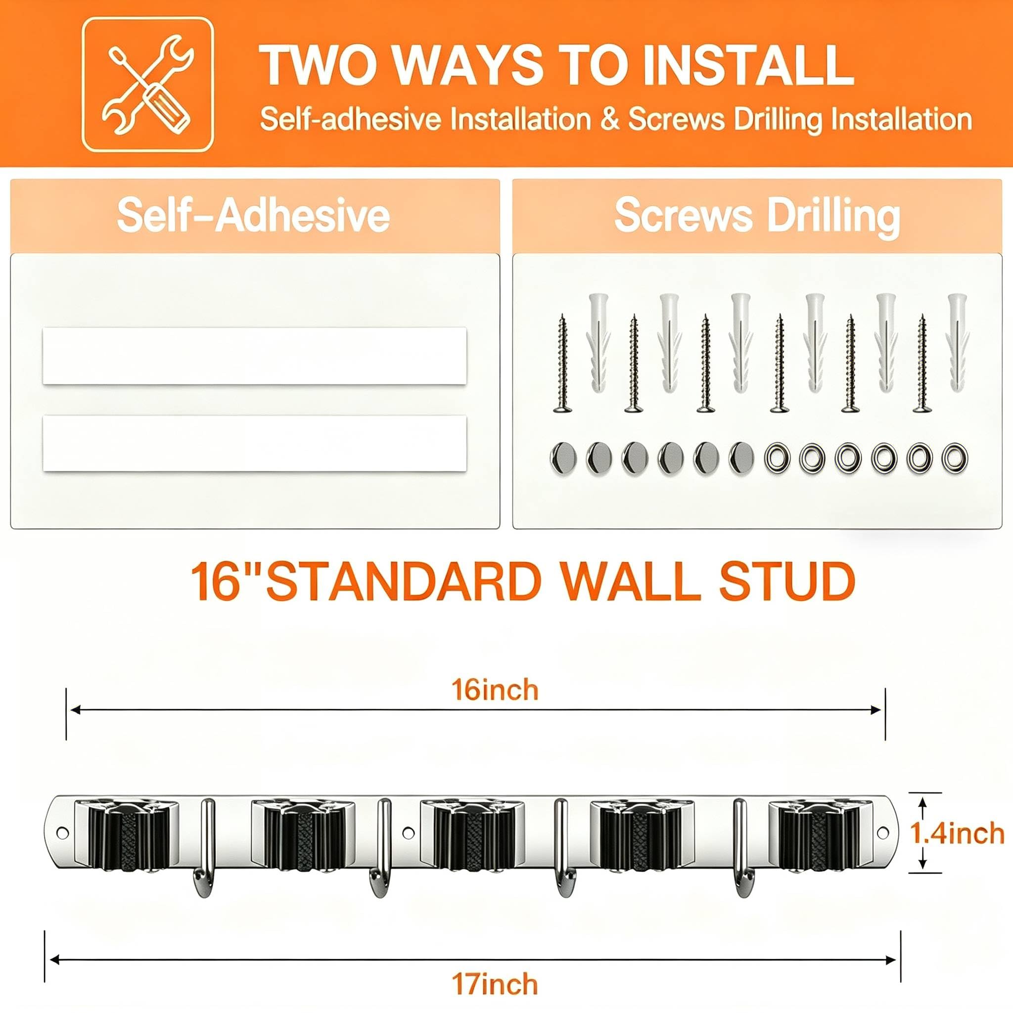 2 Pack Wall Mount Broom Holder Stainless Steel 5 Racks with 4 Hooks Broom Organizer Self Adhesive Heavy Duty Laundry Room, Garage Organization Storage