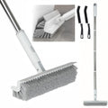 Grout Brush with Long Handle, 2 in 1 Floor Scrub Brush with Squeegee + 2 Crevice Cleaning Brushes, Tile Scrub Brush with Stiff Bristles Floor Scrubber for Cleaning Shower Corner Bathroom Tile