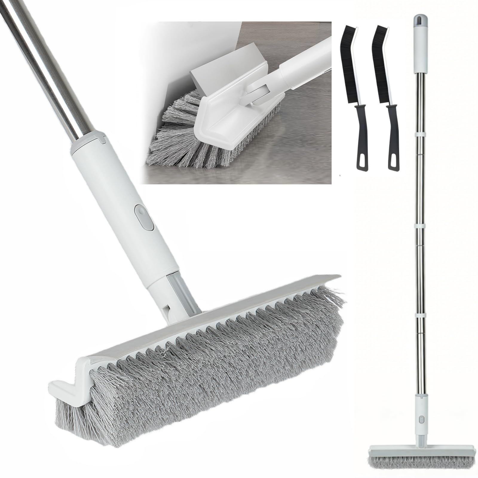 Grout Brush with Long Handle, 2 in 1 Floor Scrub Brush with Squeegee + 2 Crevice Cleaning Brushes, Tile Scrub Brush with Stiff Bristles Floor Scrubber for Cleaning Shower Corner Bathroom Tile