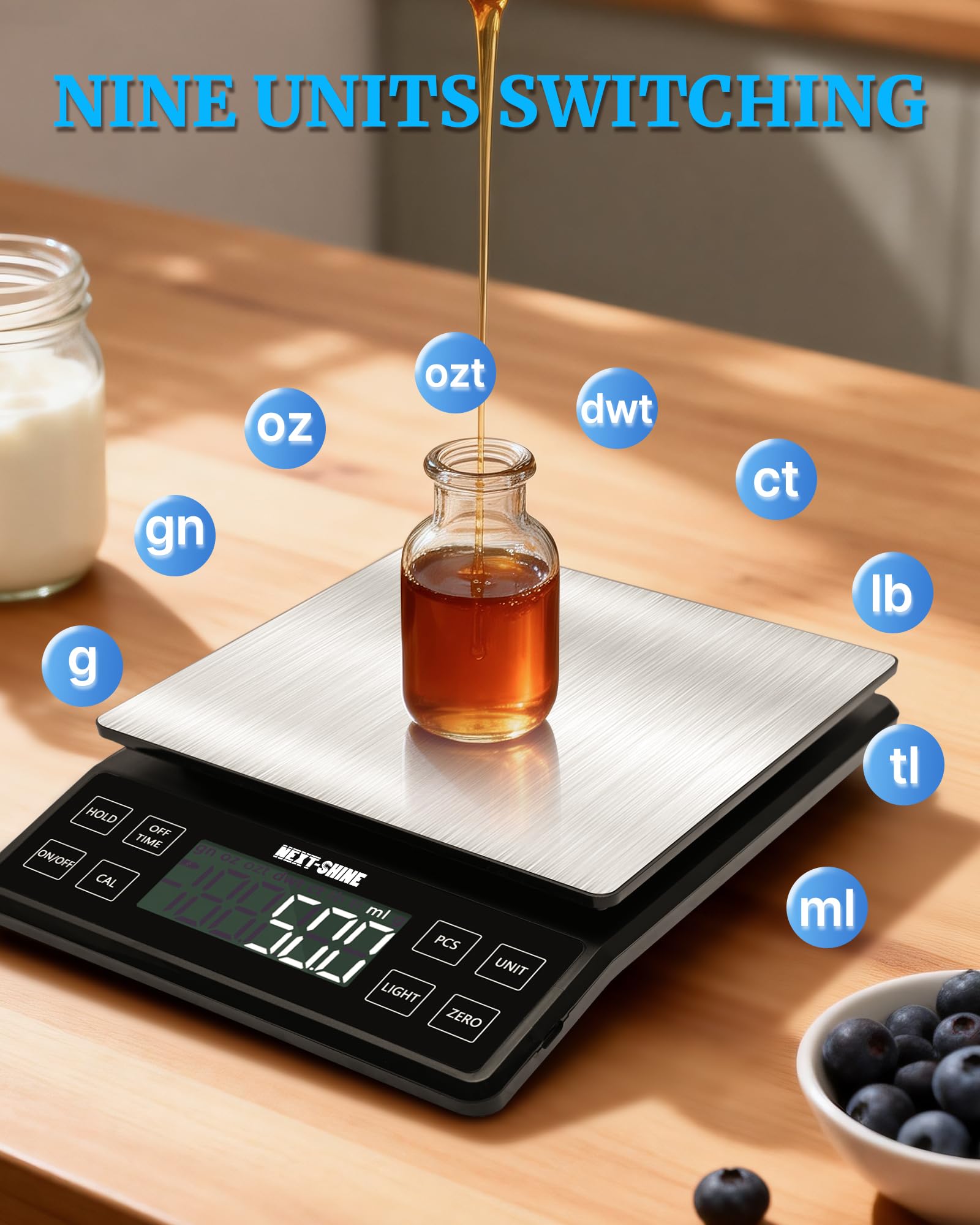 NEXT-SHINE Food Kitchen Scale 11lb/5kg, 0.1g High Precision & Type-C Rechargeable Digital Scale, Large Stainless Steel Platform with Backlit LCD for Baking, Cooking, Meal Prep (9 Units, Tray Included)