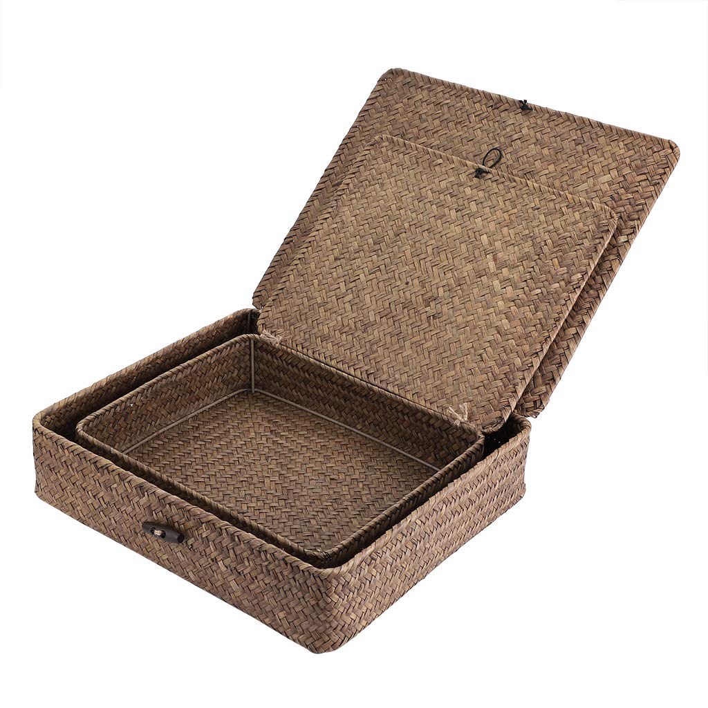 BTSKY Set of 2 Pack Woven Storage Baskets with Lids, Straw Wire Storage Organizer for Home/Office Supplies Such as Towels, Clothing, Cosmetics and Letters (Coffee)