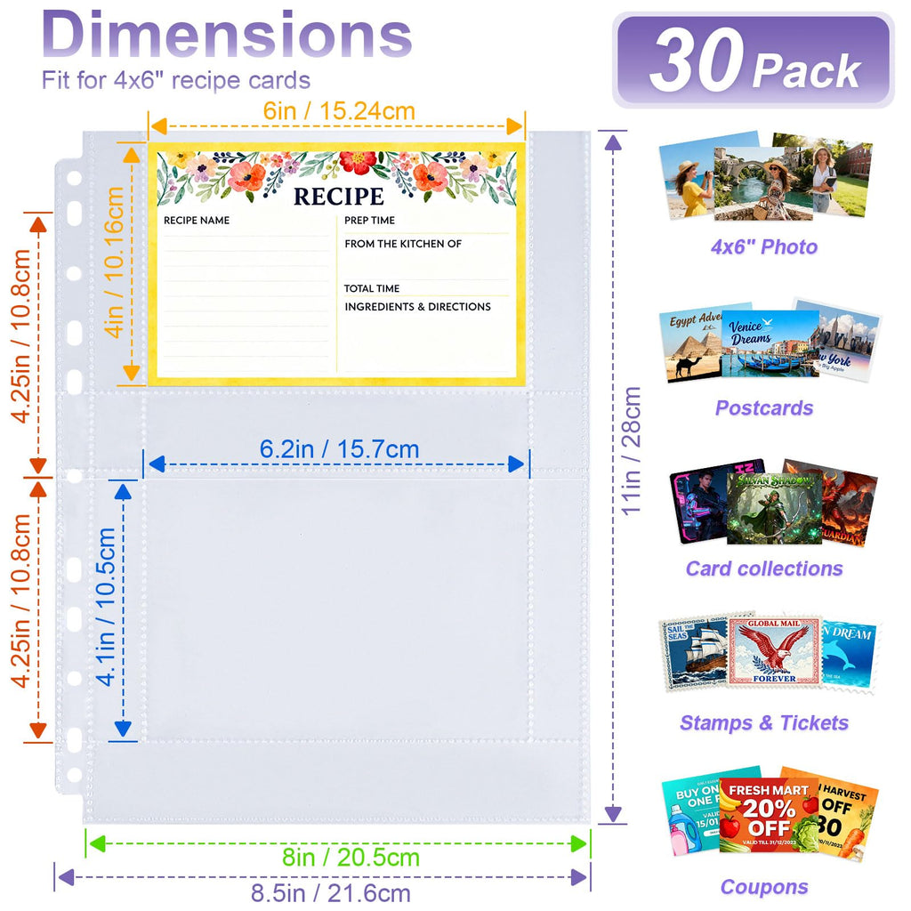 30 Pack 120 Pockets 4x6 Recipe Card Sleeves,3 Ring Binder Recipe Card Protector Pages，Double Sided 2 Pocket Refill Sheets for Recipe Book, 8.5x11 Inch Top Loading Clear Sleeve Sheets