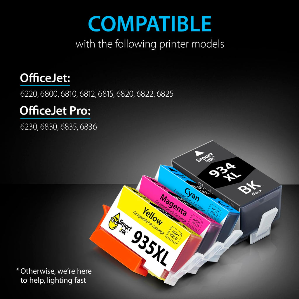 Smart Ink Compatible Ink Cartridge Replacement for HP 934 XL 935XL 934XL 935 XL High Yield 4 Pack (Black&C/M/Y) to use with Officejet 6220 6812 6815 6820 Officejet Pro 6230 6830 6835 Printers