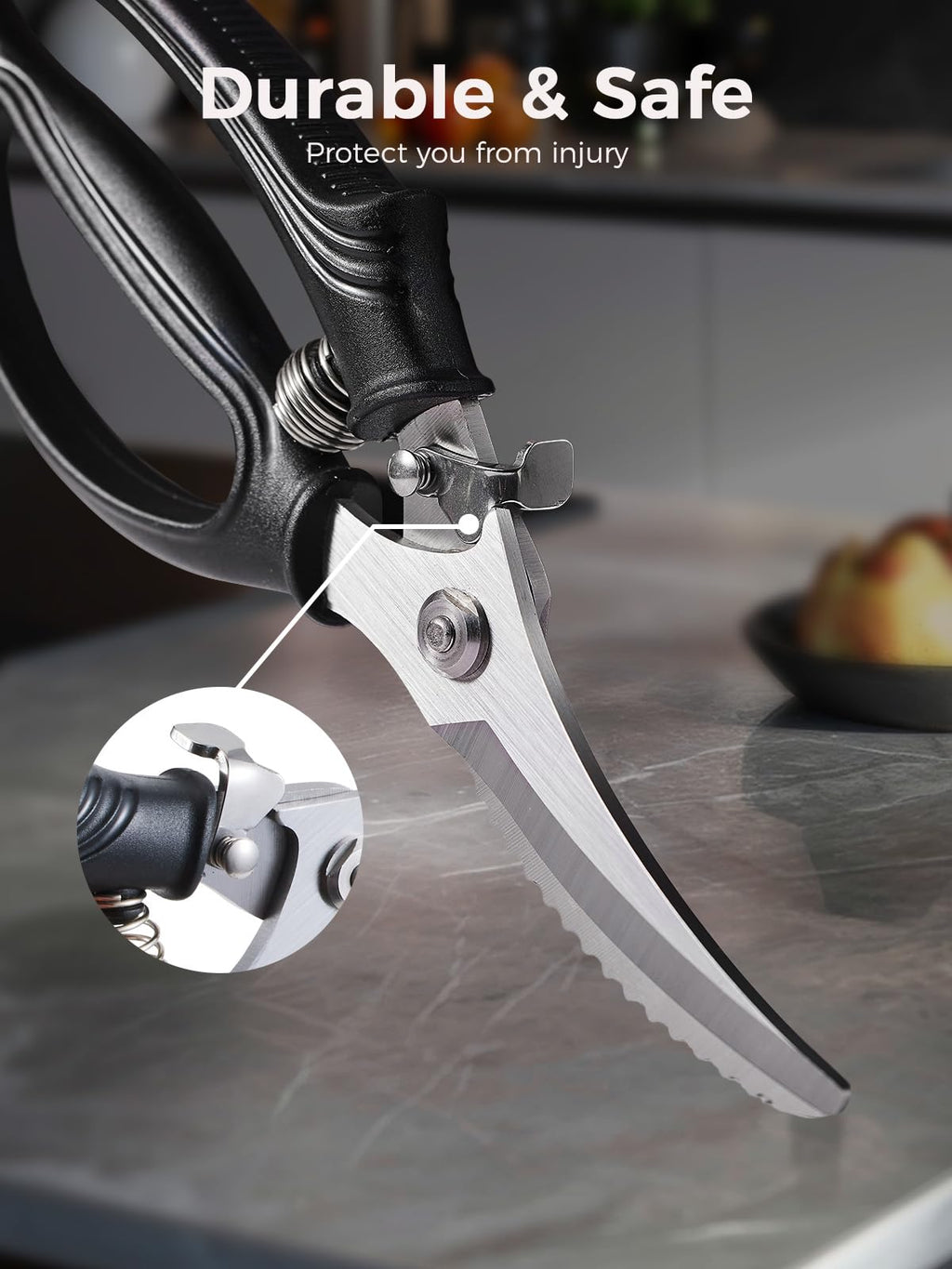 Poultry Shears, Heavy Duty Kitchen Scissors for Chicken, Meat, Bone and Fish, Spring Loaded Kitchen Shears with Anti-Slip Handle, Safety Lock, Dishwasher Safe