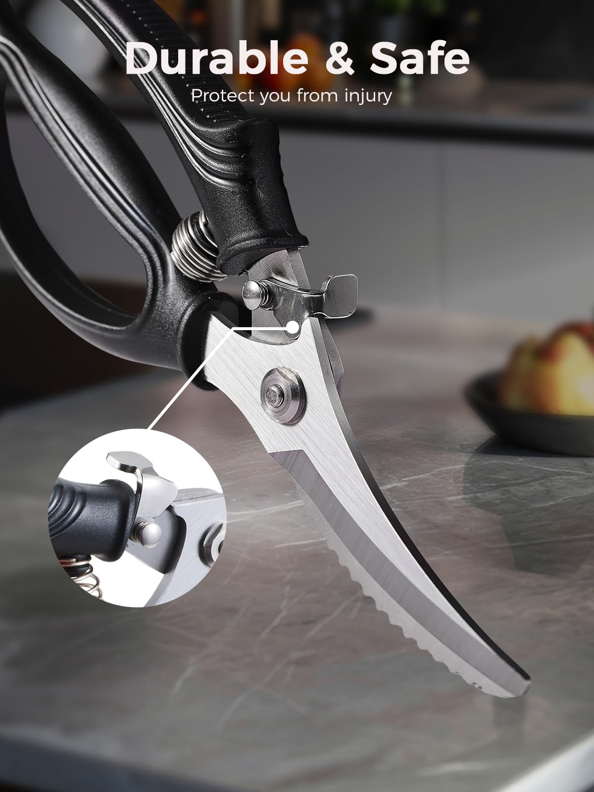 Poultry Shears, Heavy Duty Kitchen Scissors for Chicken, Meat, Bone and Fish, Spring Loaded Kitchen Shears with Anti-Slip Handle, Safety Lock, Dishwasher Safe